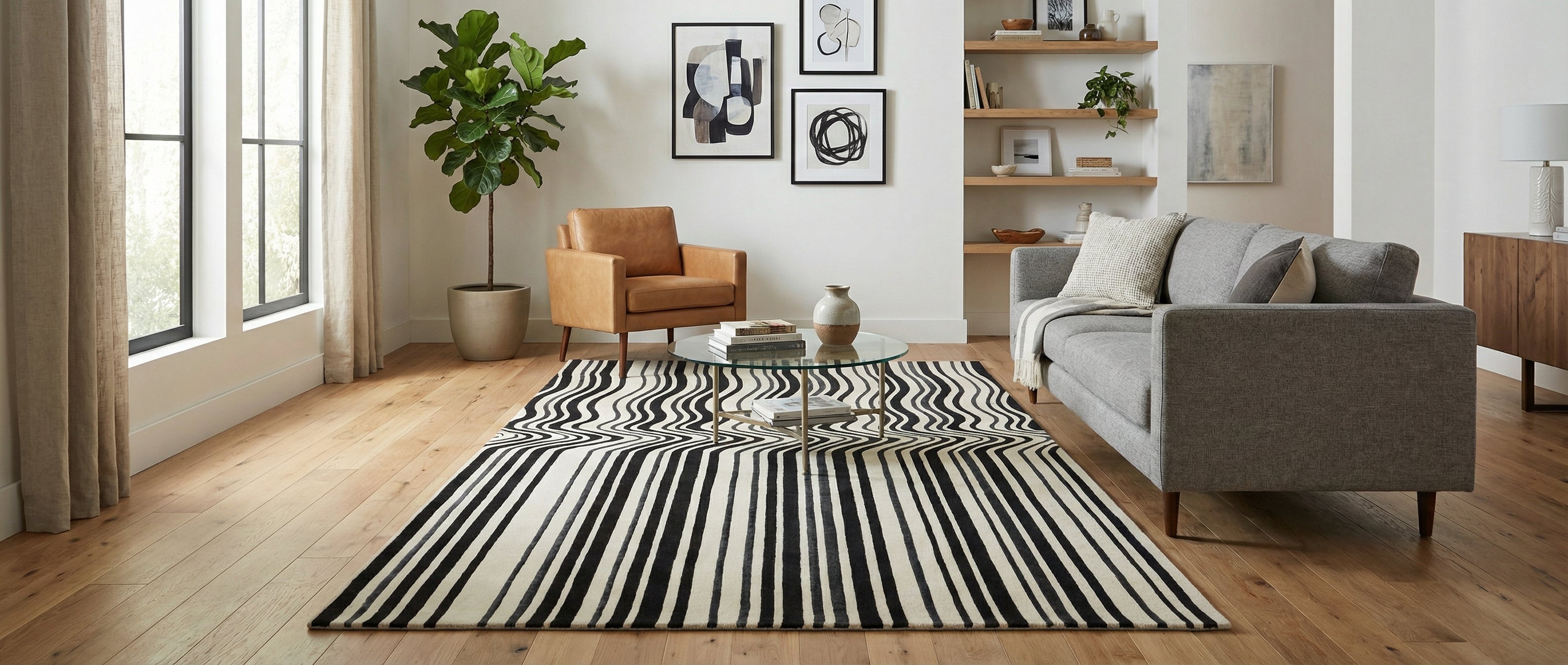 Transformation réussie de la pièce avec un tapis rayé noir et blanc. Le tapis est rectangulaire