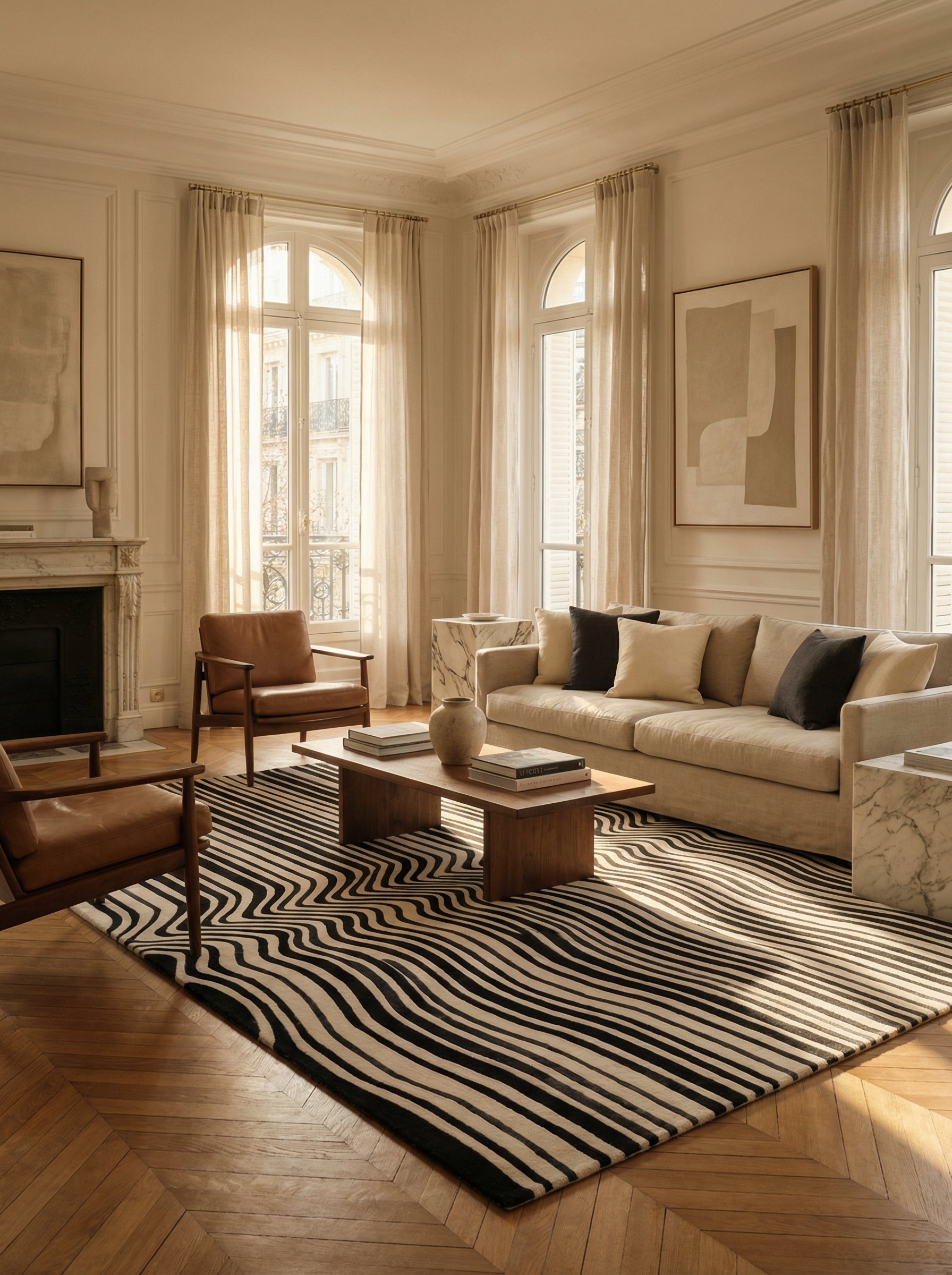 Tapis zébré noir et beige dans une pièce classique. Élégance classique. Tapis rectangulaire
