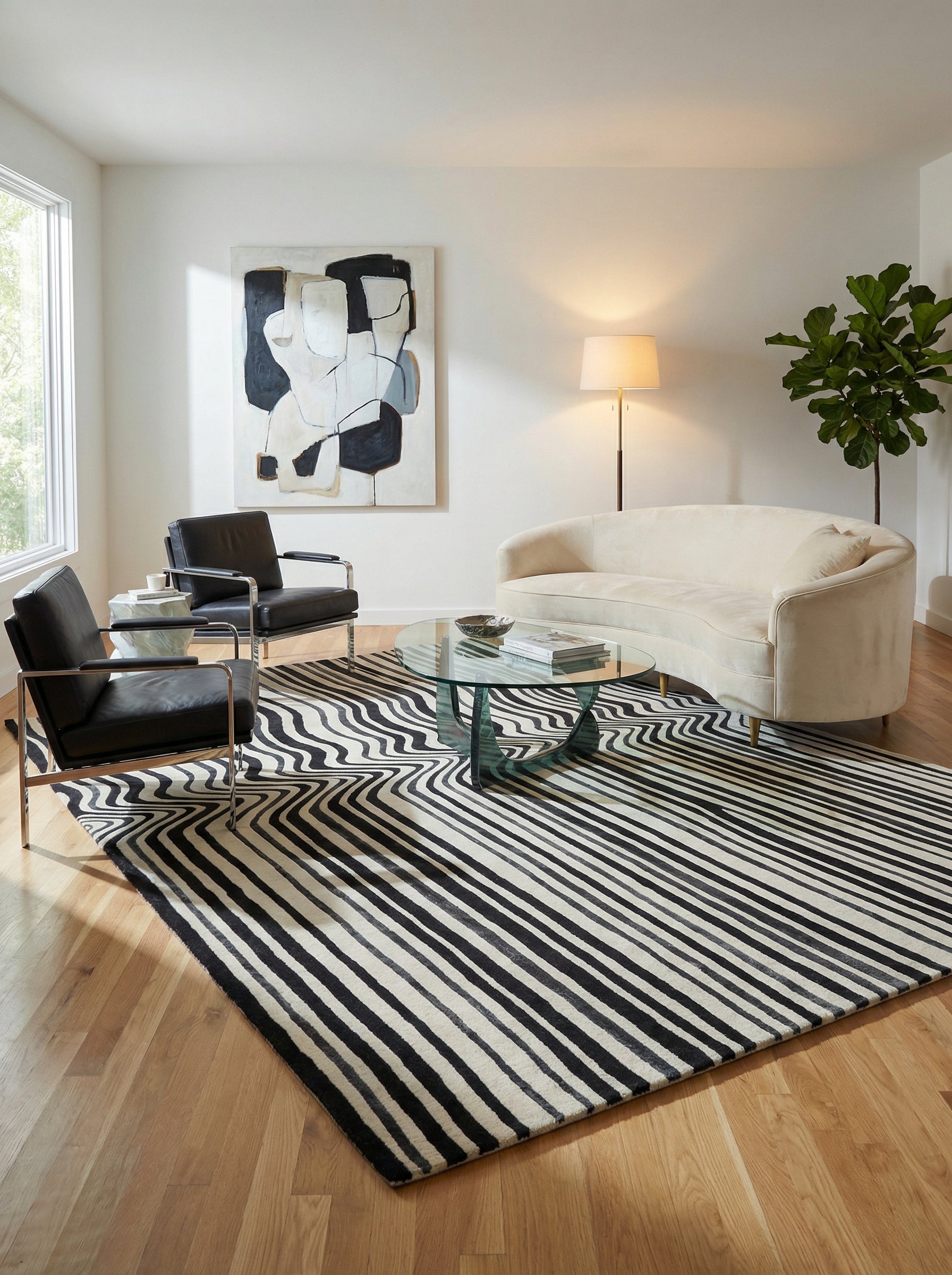 Tapis rayé noir et blanc, design épuré, pièce moderne. Harmonie avec le mobilier