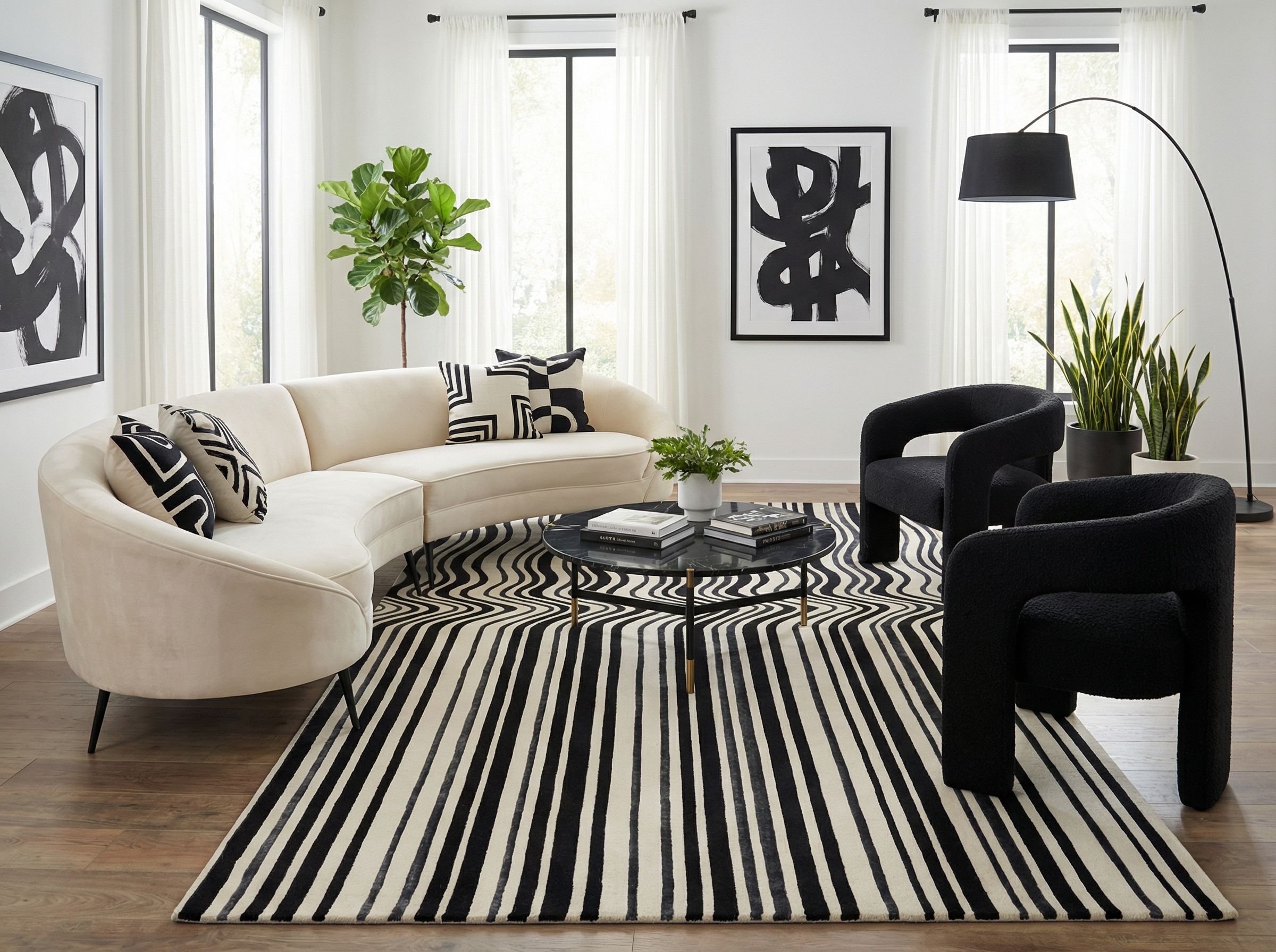 Déco moderne, ambiance épurée. Tapis rayé noir et blanc, pièce lumineuse. Canapé ovale, fauteuils noirs