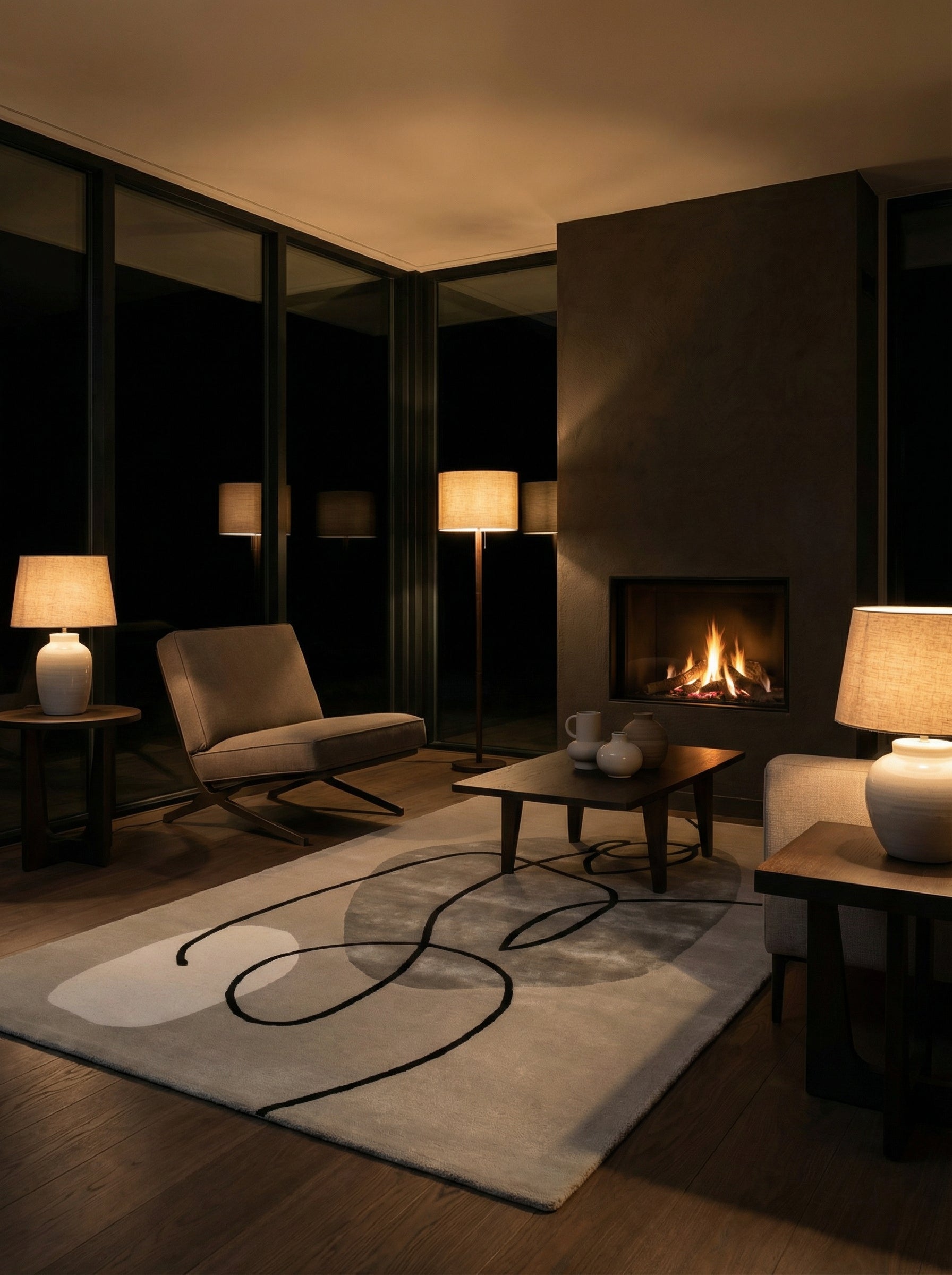 Tapis rectangulaire clair, motifs noirs, ambiance cosy, lumière chaude, pièce chaleureuse