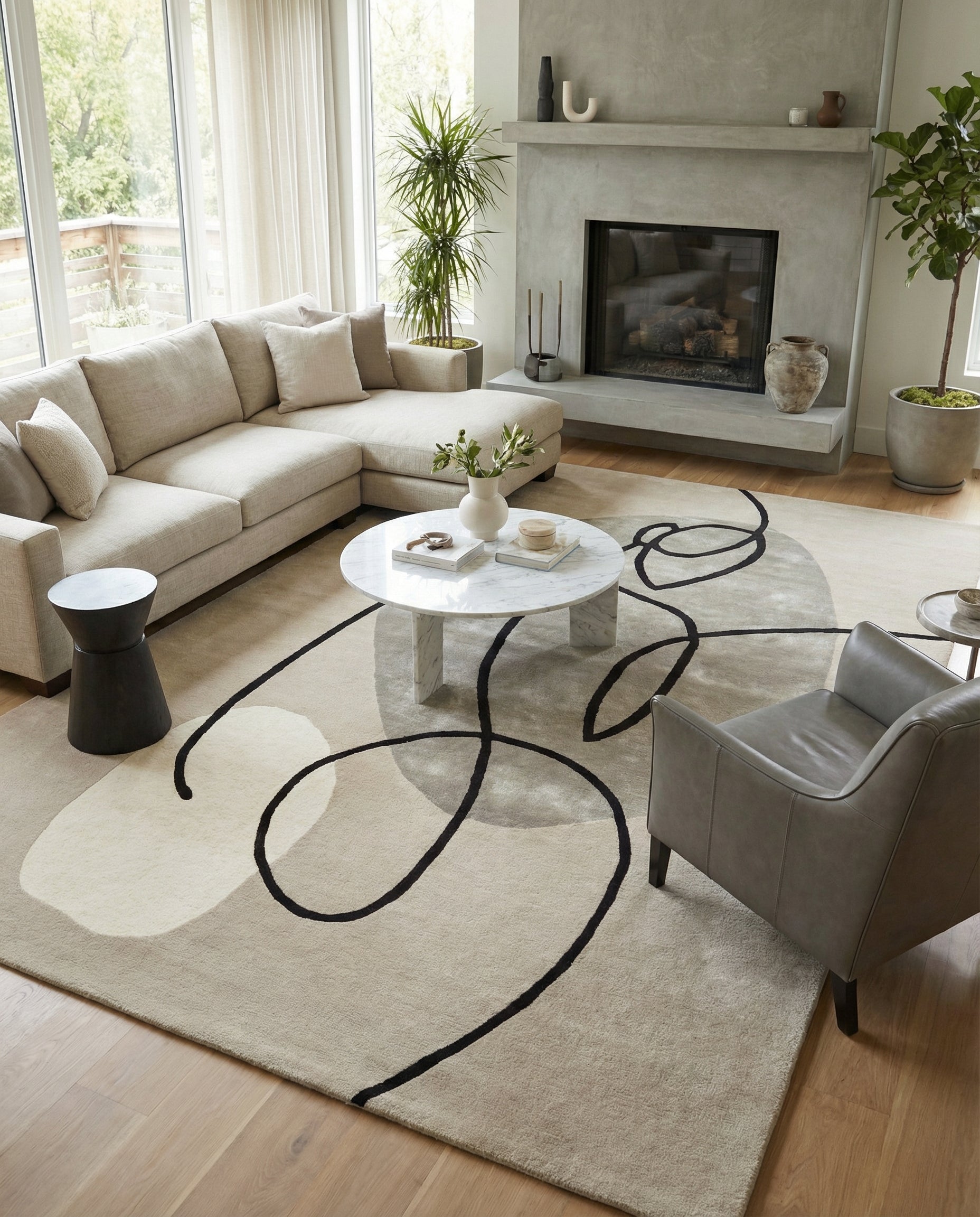 Tapis rectangulaire aux tons neutres, motifs noirs et beiges. Il adoucit la pièce, créant une ambiance chaleureuse