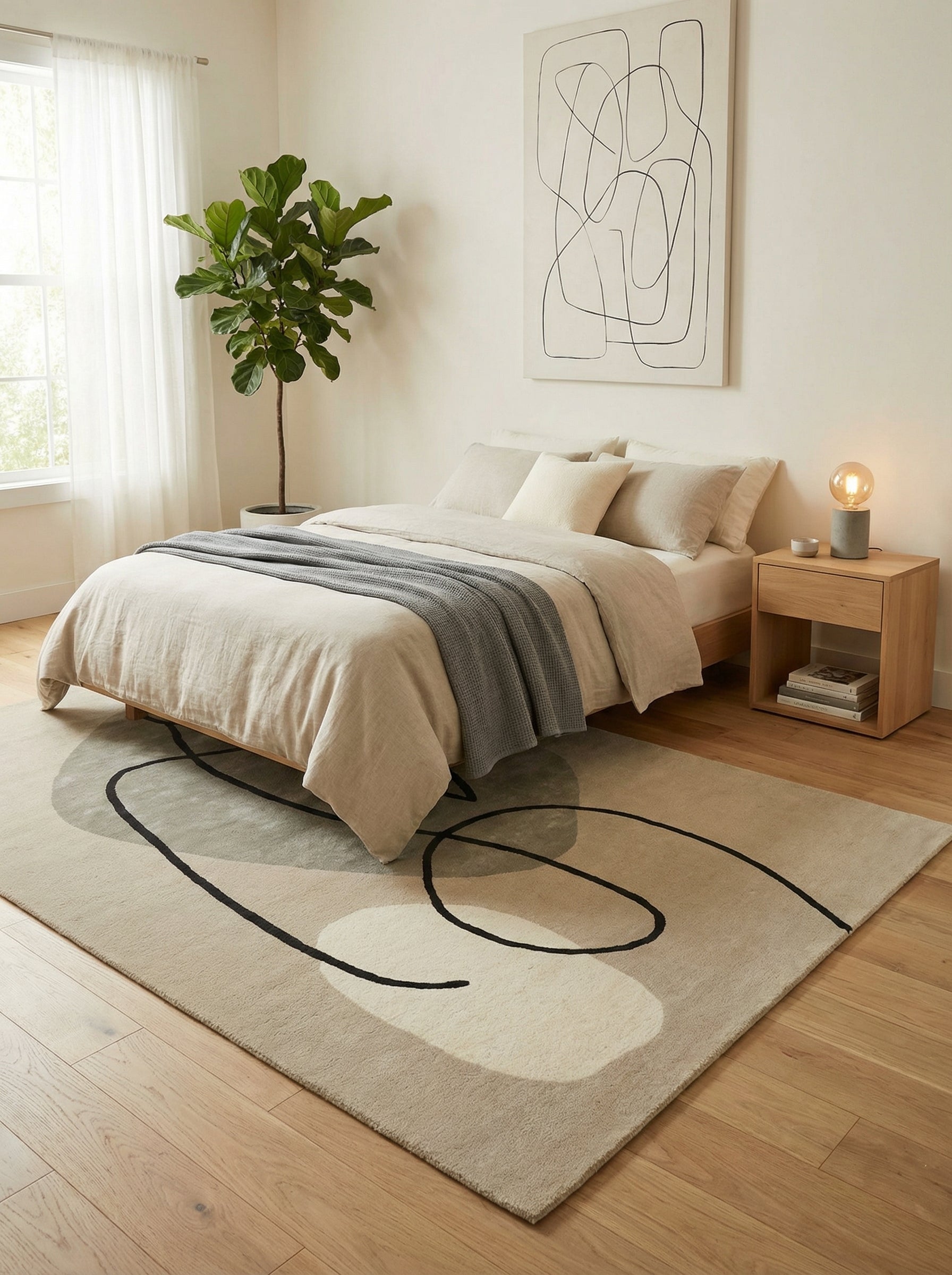 Tapis rectangulaire aux motifs abstraits noirs et beiges, harmonie avec la pièce, ambiance chaleureuse