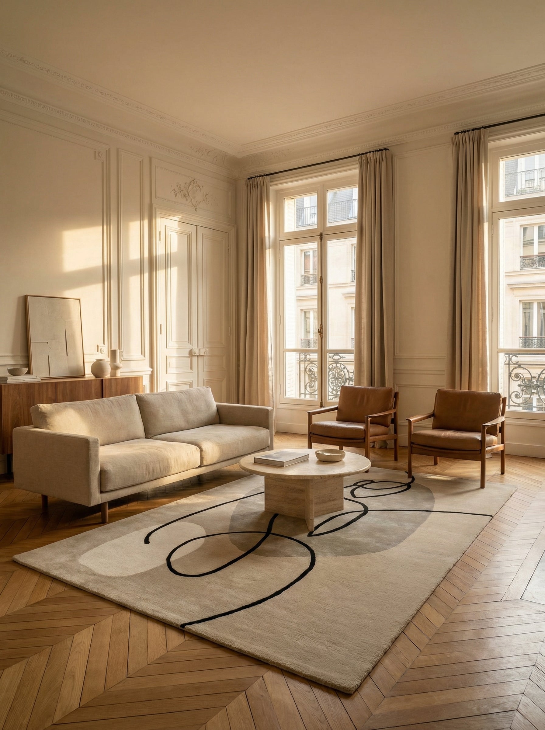 Tapis rectangulaire aux tons neutres, lignes noires, pièce classique, ambiance élégante