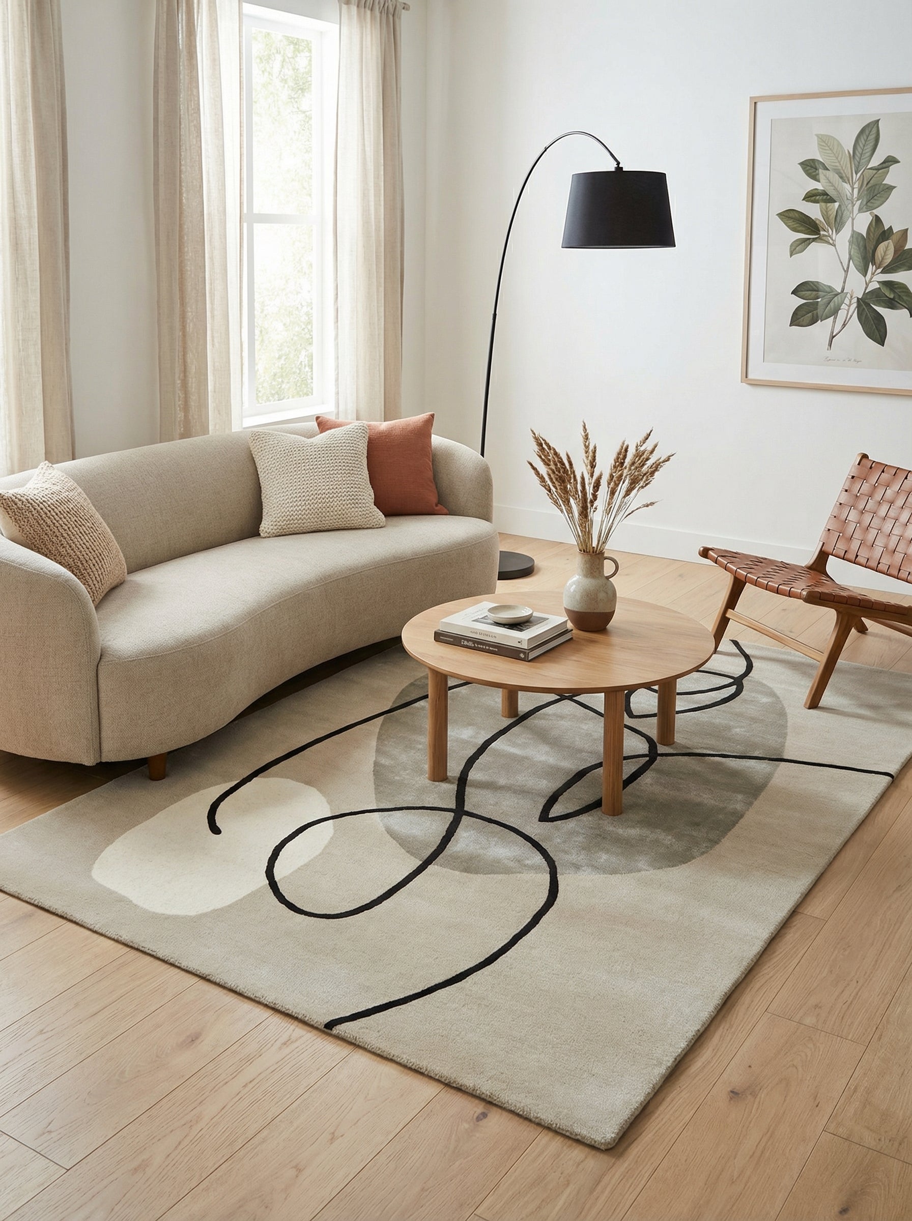 Tapis rectangulaire au design épuré, style contemporain. Tons naturels, lignes noires sur fond clair. Pièce lumineuse