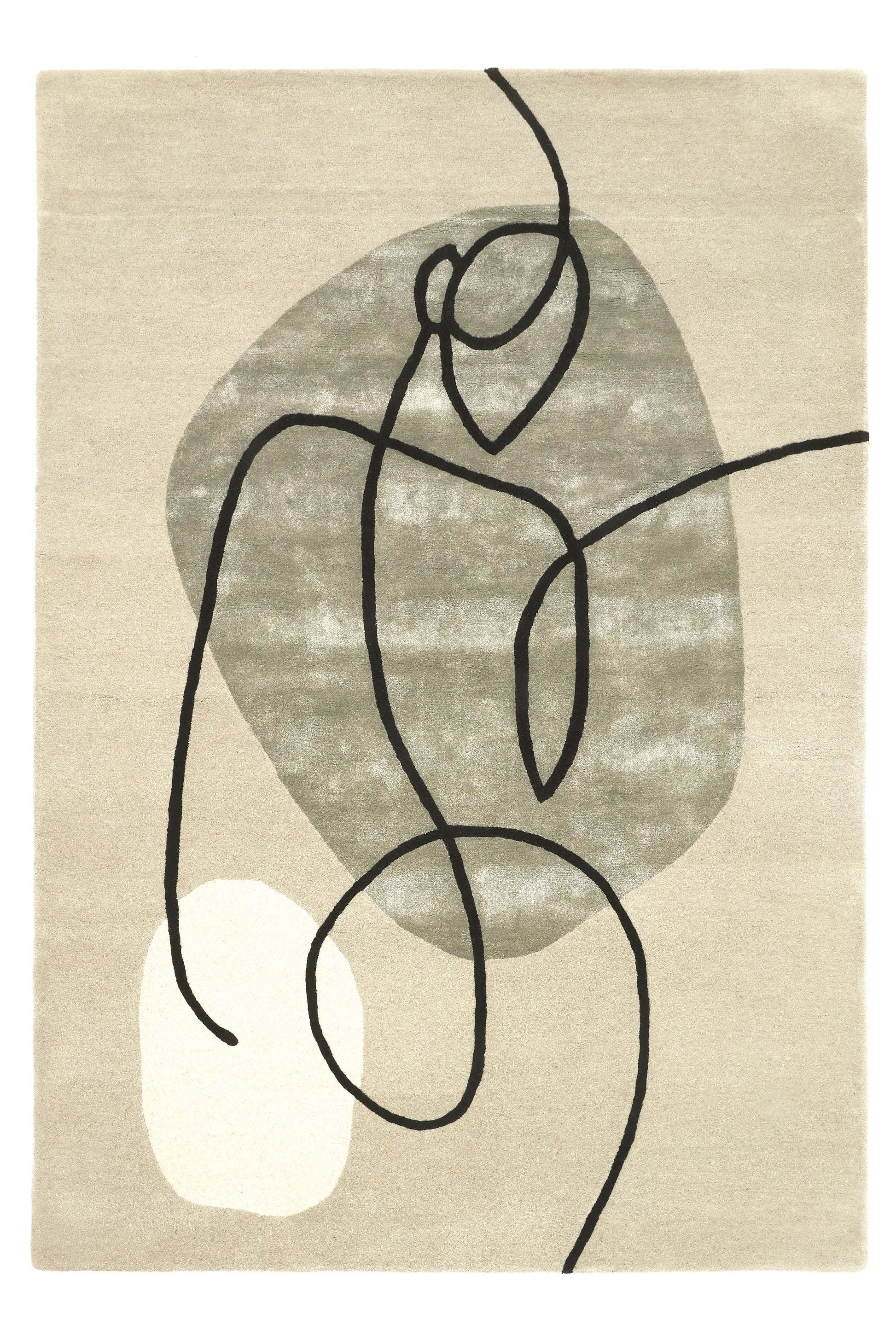 Tapis rectangulaire avec motif abstrait en noir sur fond beige et formes ovales grises et blanches