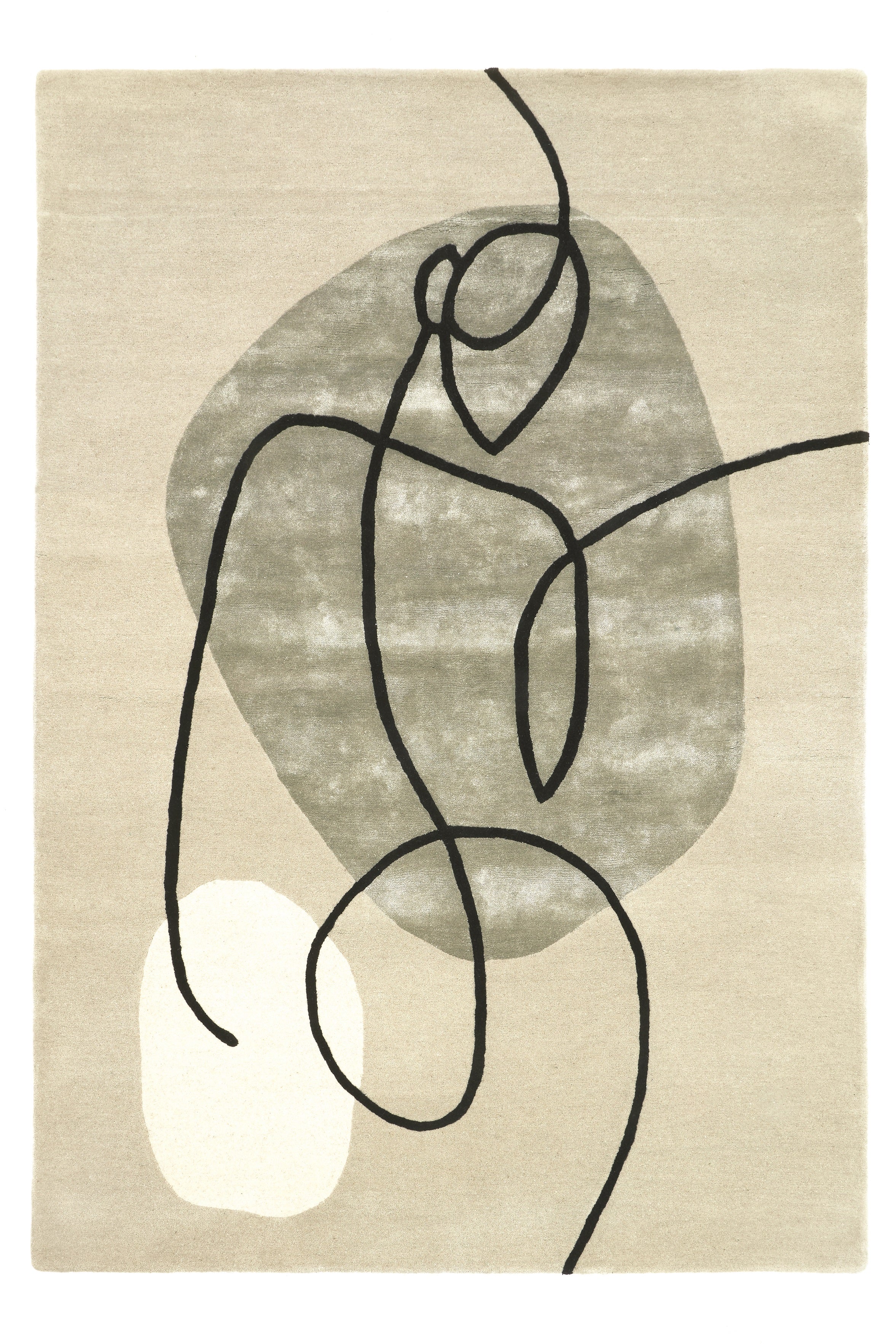 Tapis rectangulaire avec motif abstrait en noir sur fond beige et formes ovales grises et blanches