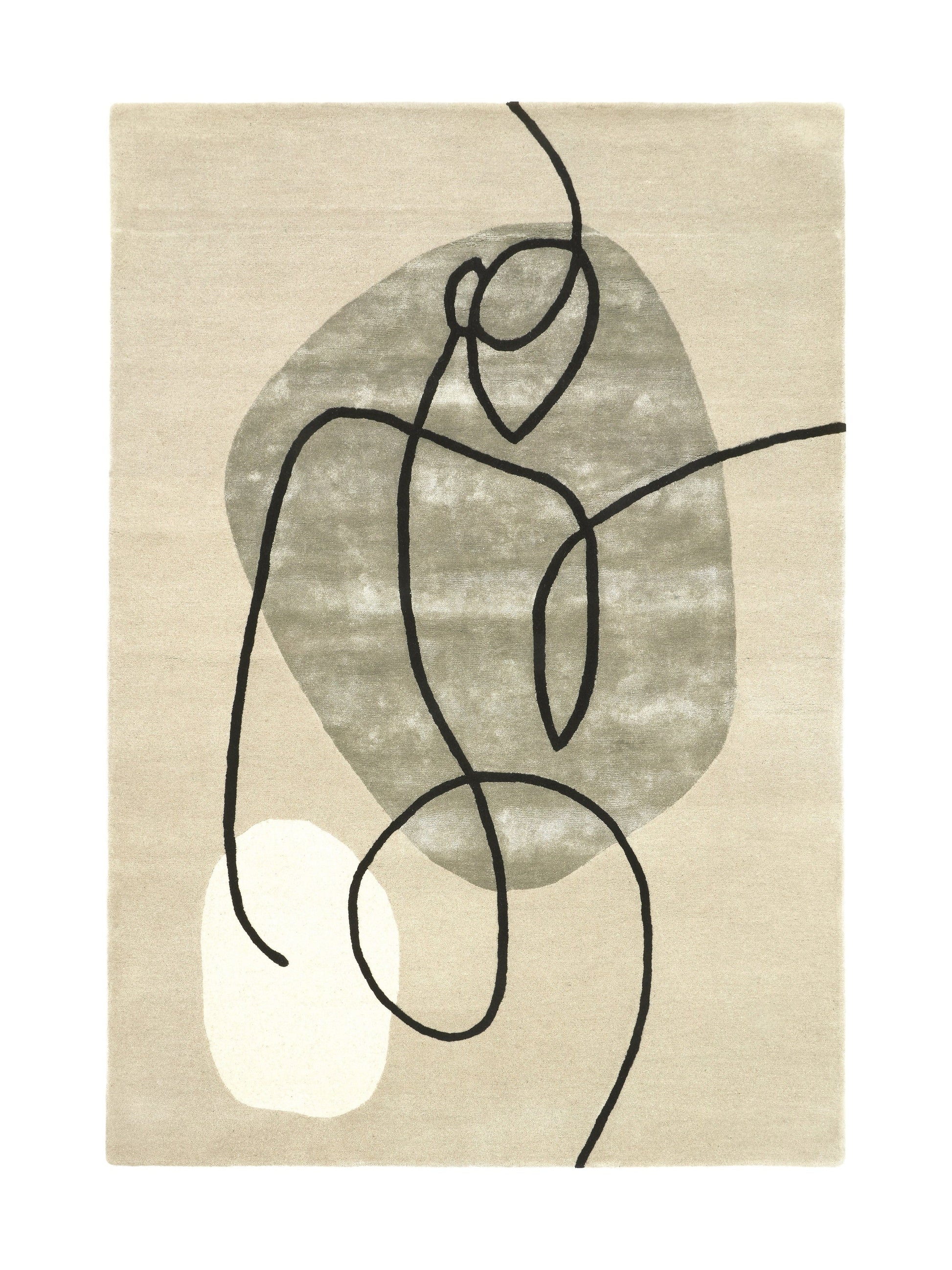 Tapis rectangulaire avec motif abstrait en noir sur fond beige et formes ovales grises et blanches