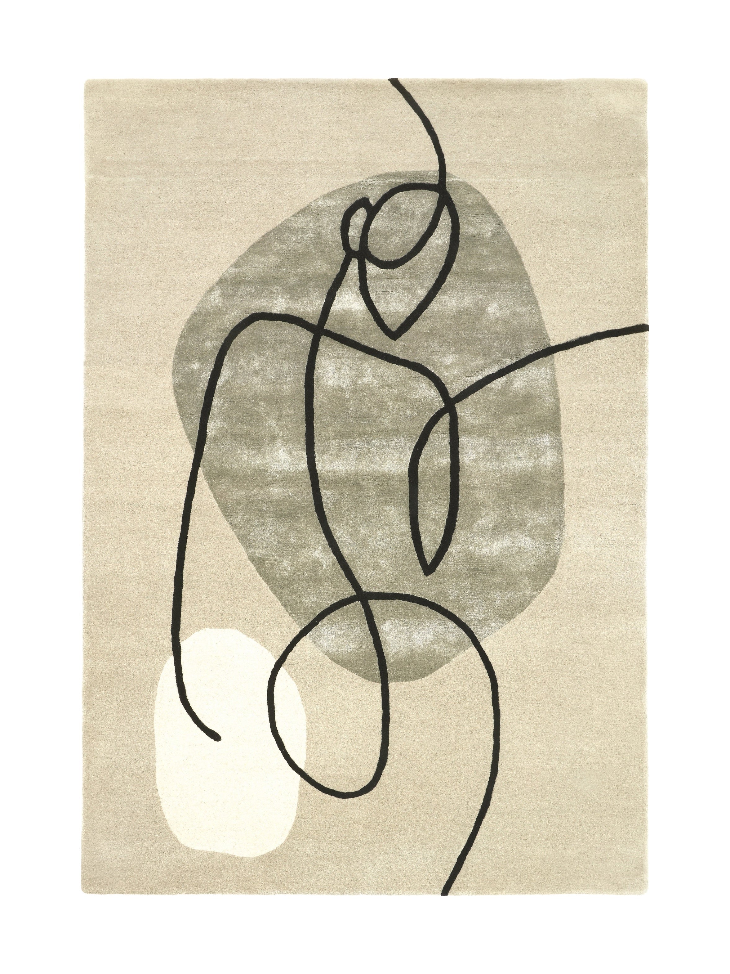 Tapis rectangulaire avec motif abstrait en noir sur fond beige et formes ovales grises et blanches