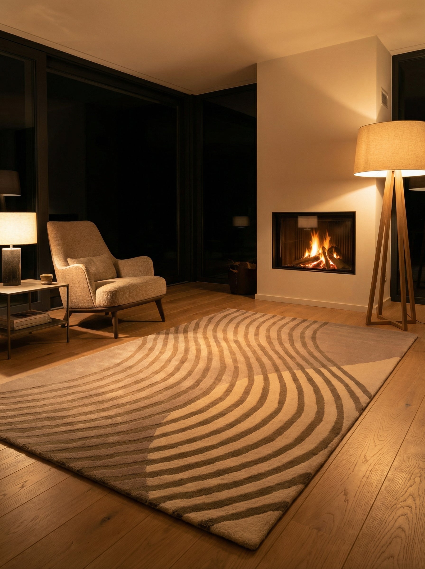 Tapis rectangulaire taupe dans une pièce chaleureuse. Lumière chaude, ambiance cosy