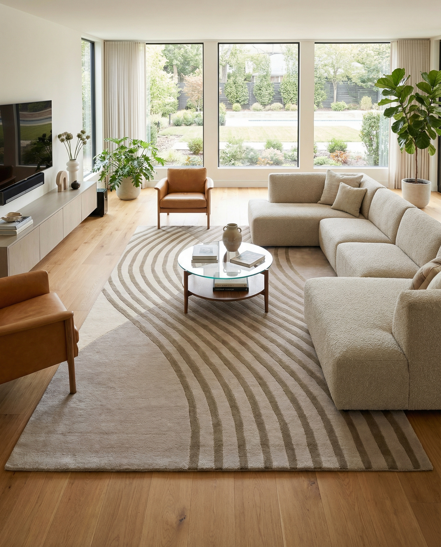 Tapis rectangulaire taupe et beige crée une ambiance chaleureuse dans la pièce, ajoutant confort et style