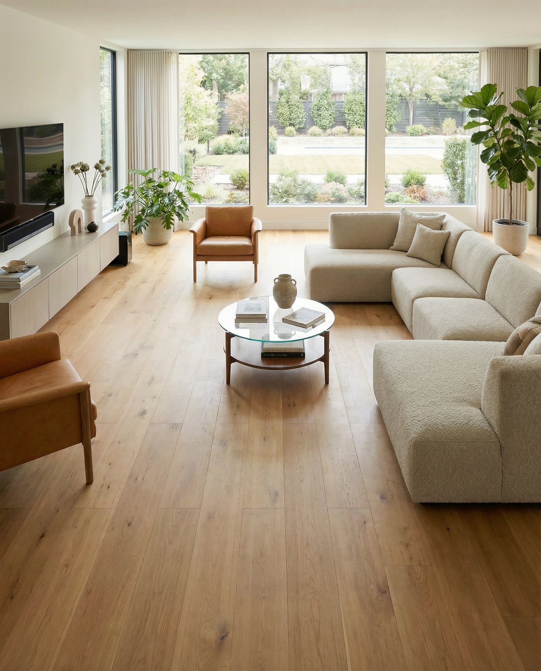 Pièce lumineuse avec parquet clair, canapé taupe, fauteuils en cuir, table basse ronde, plantes vertes, grande baie vitrée