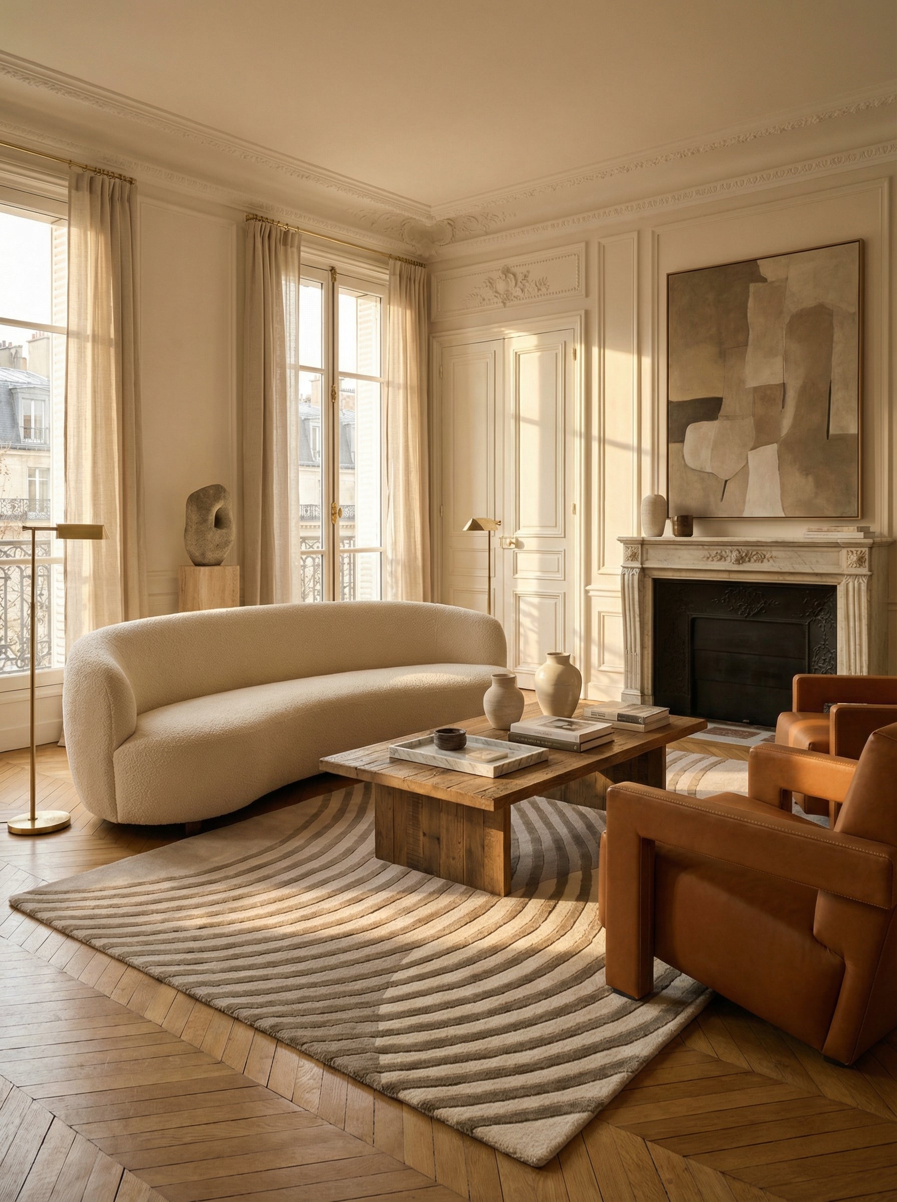 Tapis rectangulaire taupe dans un salon classique. Élégance et style se marient dans cette pièce lumineuse