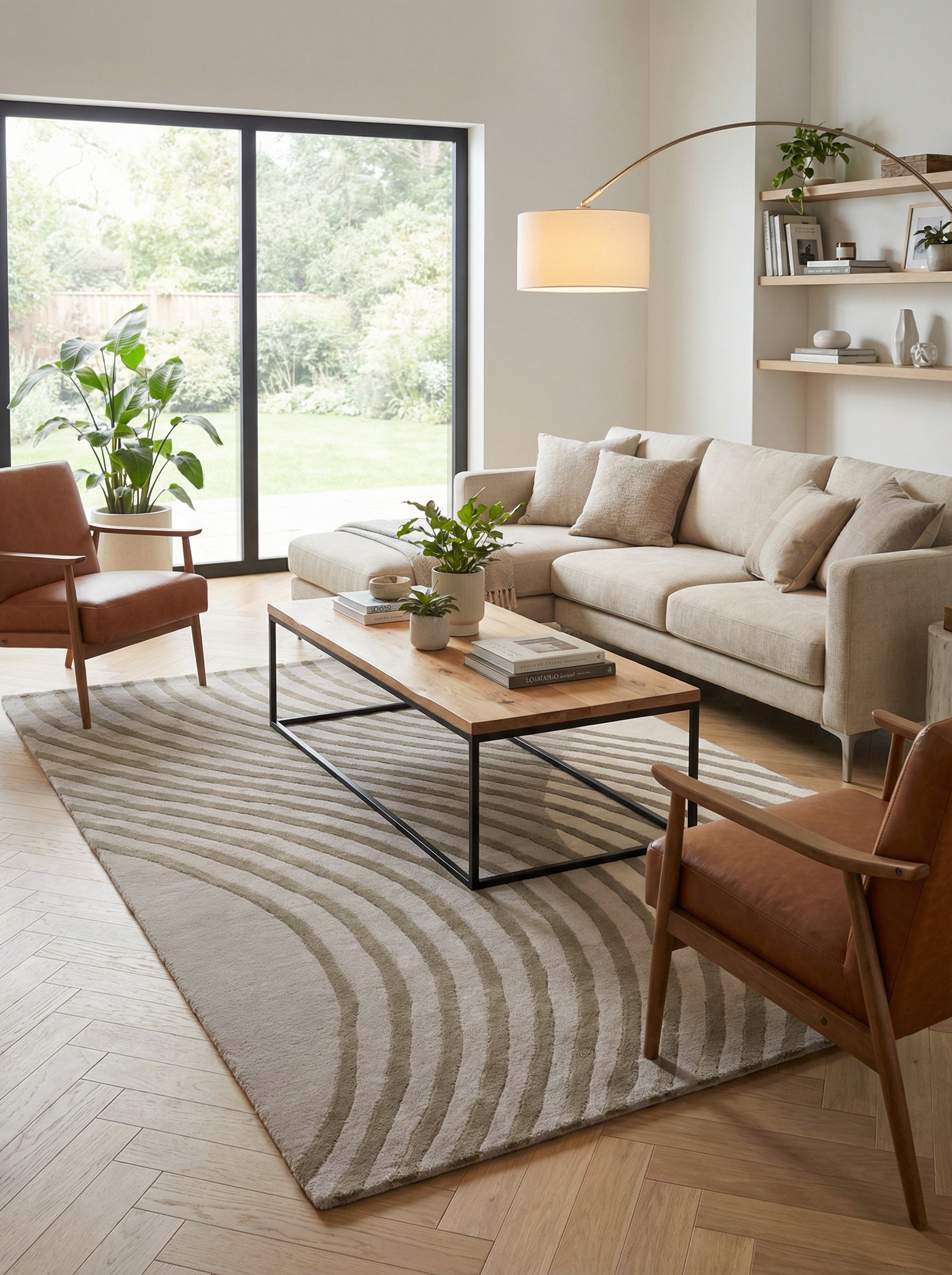 Tapis rectangulaire taupe à motifs ondulés. Design épuré, style contemporain pour un salon