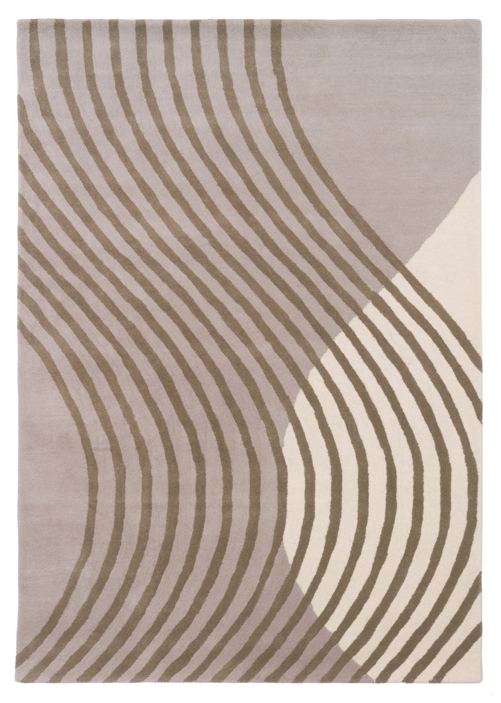 Tapis rectangulaire avec motif de lignes ondulées taupe et blanc cassé, ambiance neutre et moderne
