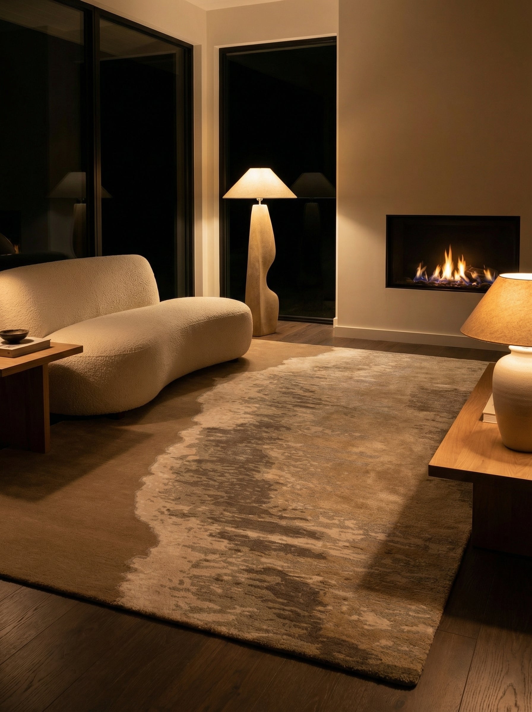 Tapis rectangulaire aux tons naturels, ambiance cosy. Lumière chaude, pièce éclairée