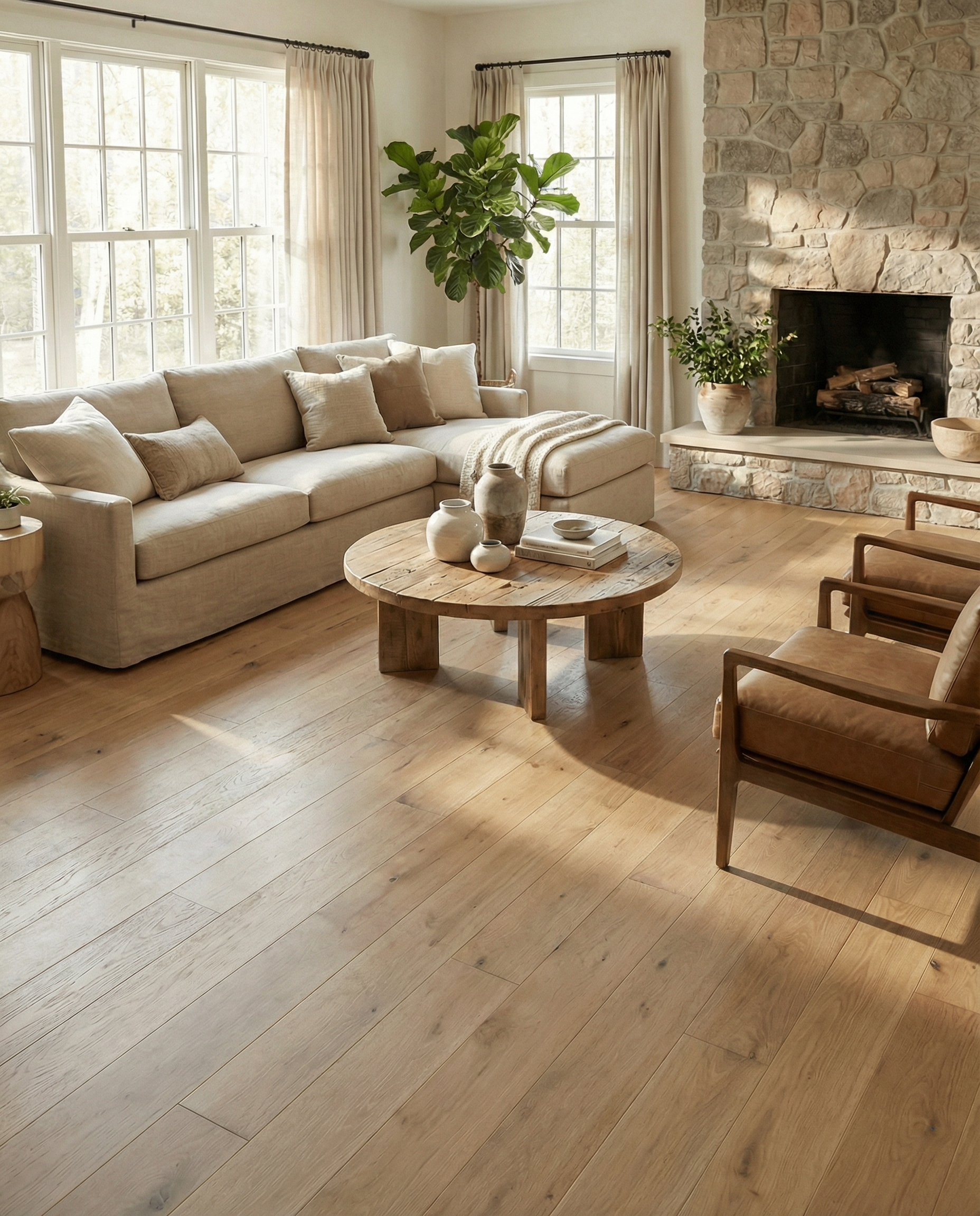Pièce lumineuse avec parquet clair, canapé beige, cheminée en pierre et fauteuils en bois. Espace à transformer
