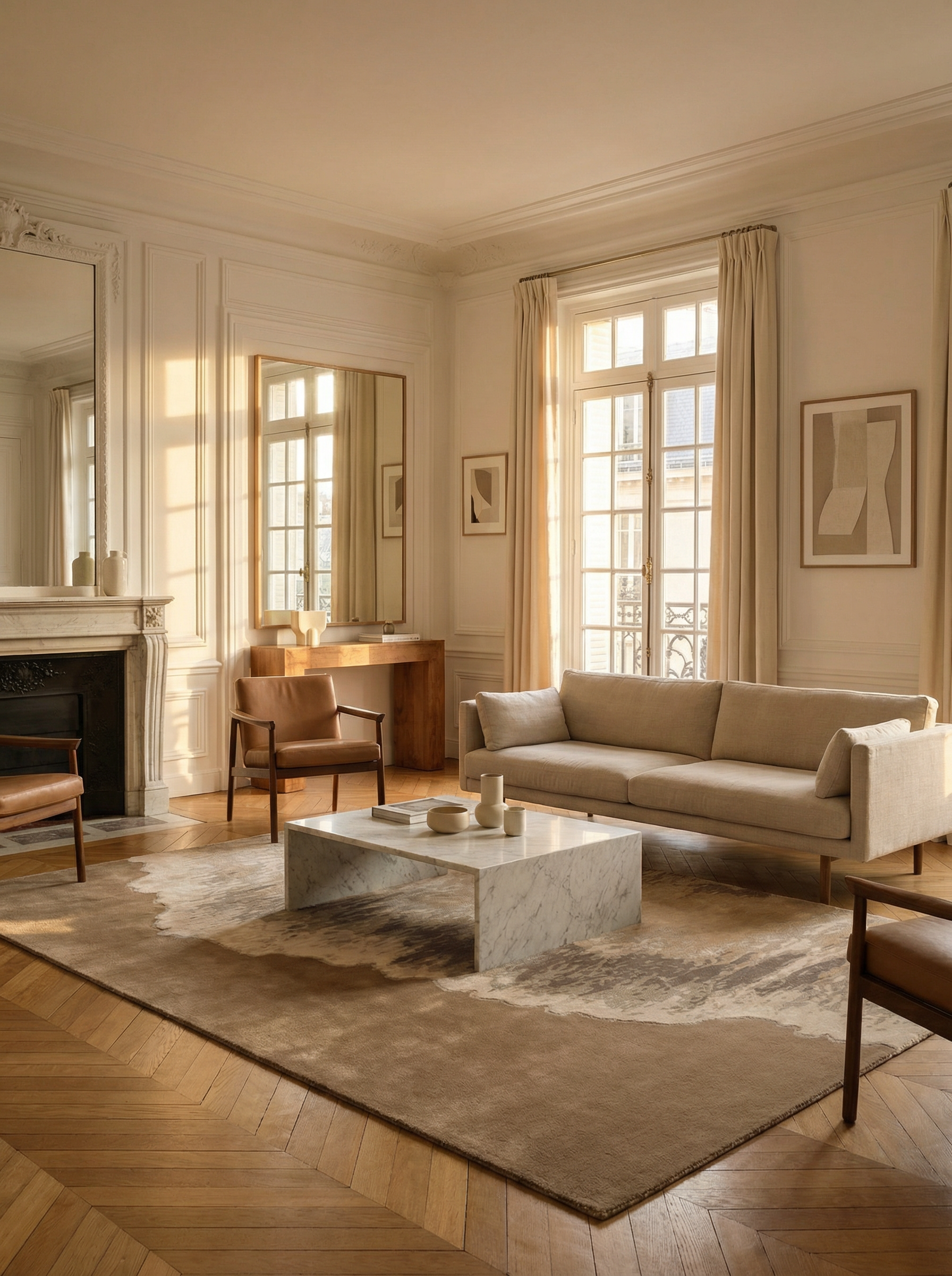 Tapis rectangulaire beige et marron clair dans un salon classique, ambiance élégante
