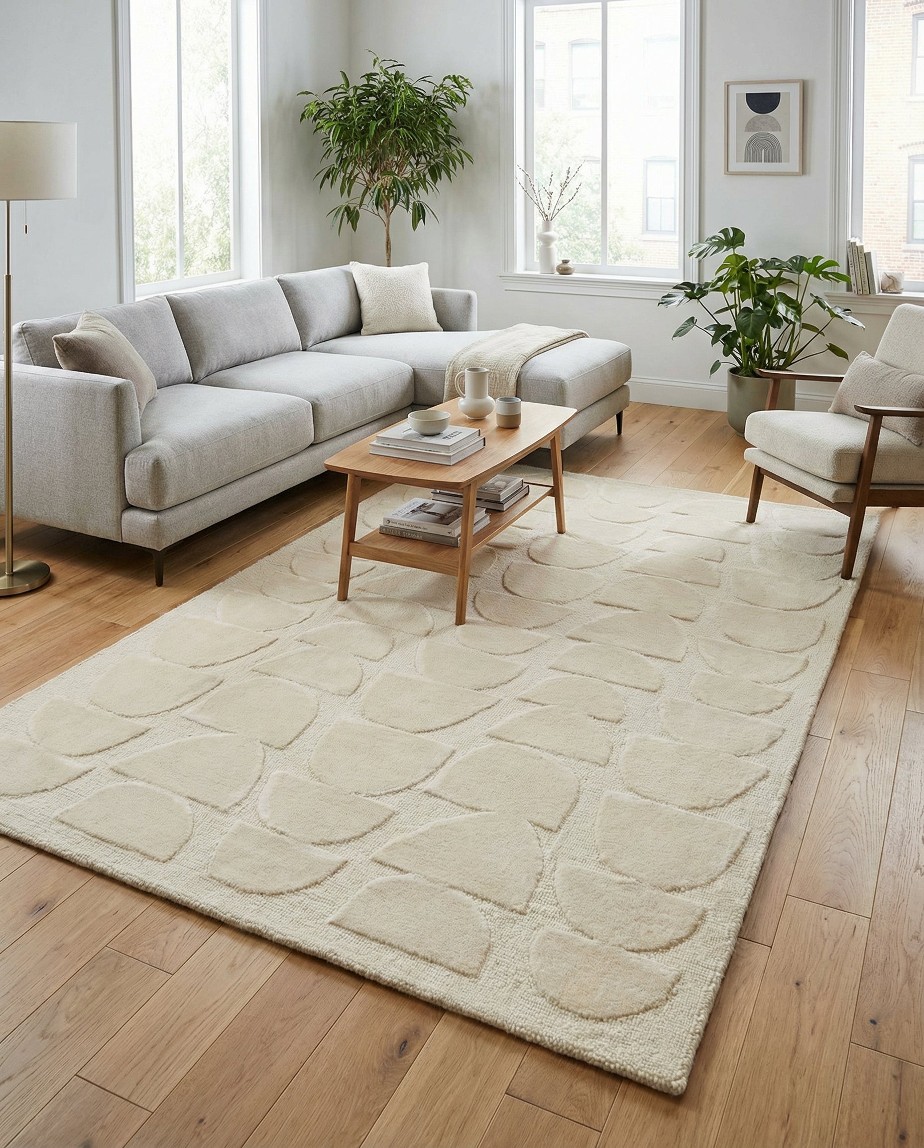 Tapis rectangulaire beige clair, motif en forme de demi-cercles, ambiance chaleureuse dans la pièce, style épuré