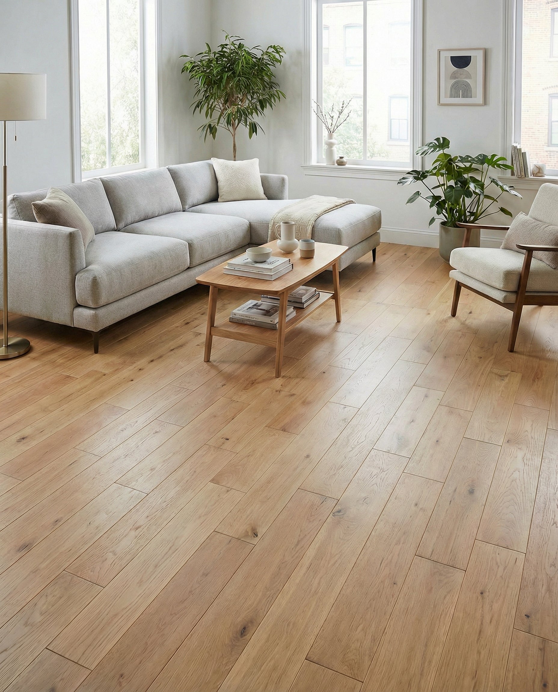 Pièce lumineuse avec parquet clair, canapé gris, fauteuil, table basse en bois. Ambiance chaleureuse. Espace à transformer