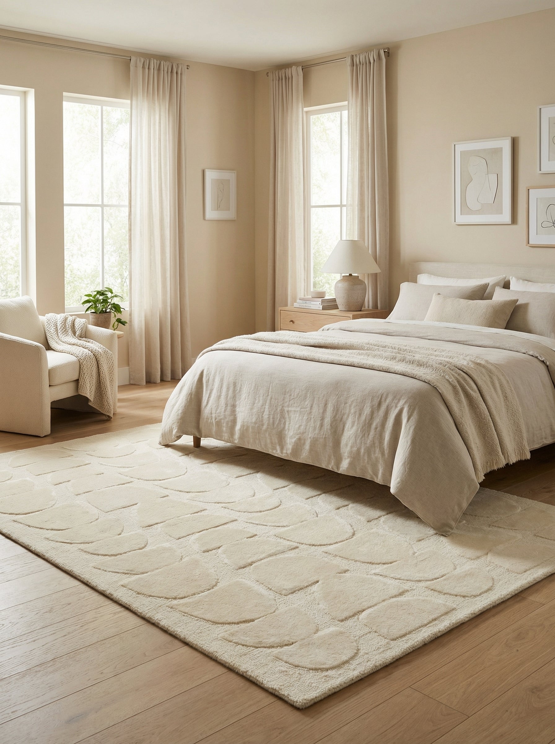 Tapis rectangulaire beige clair, motifs ovales, harmonie avec la pièce. Ambiance douce et reposante