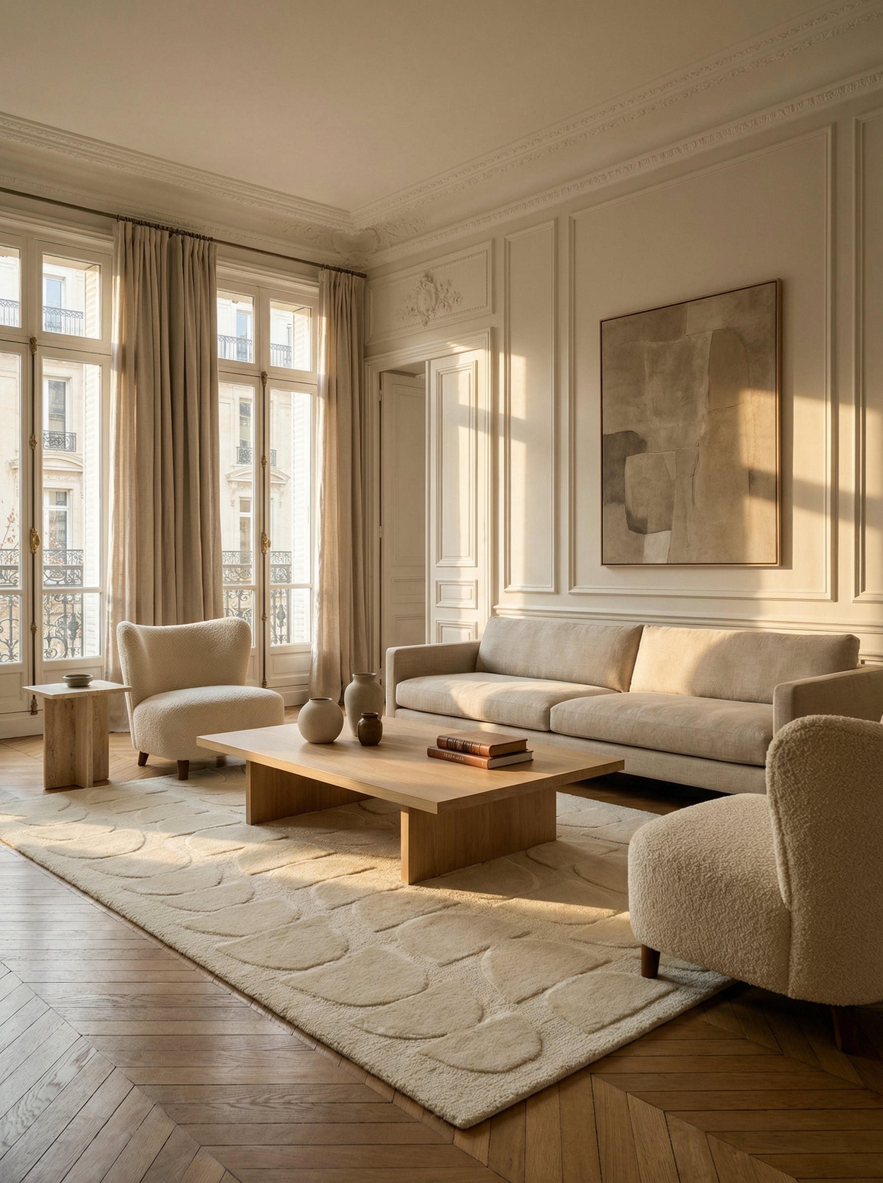 Tapis rectangulaire beige clair dans un salon classique. Ambiance élégante et chaleureuse, style épuré