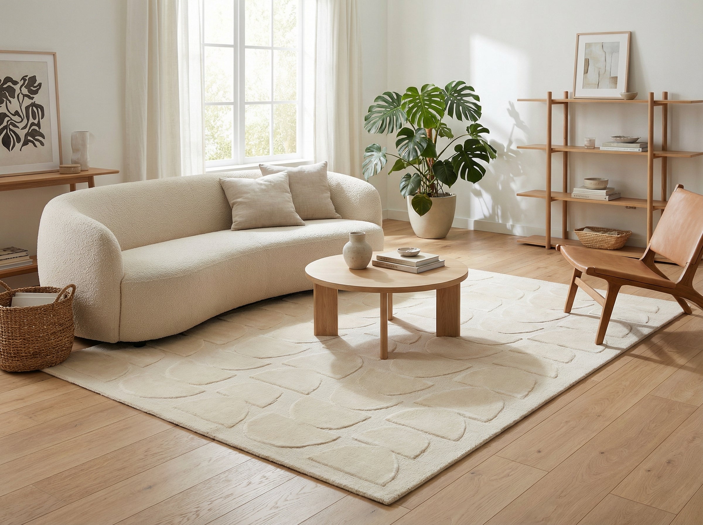 Tapis rectangulaire beige clair, motifs en demi-cercles. Style déco épuré, ambiance douce et chaleureuse dans la pièce