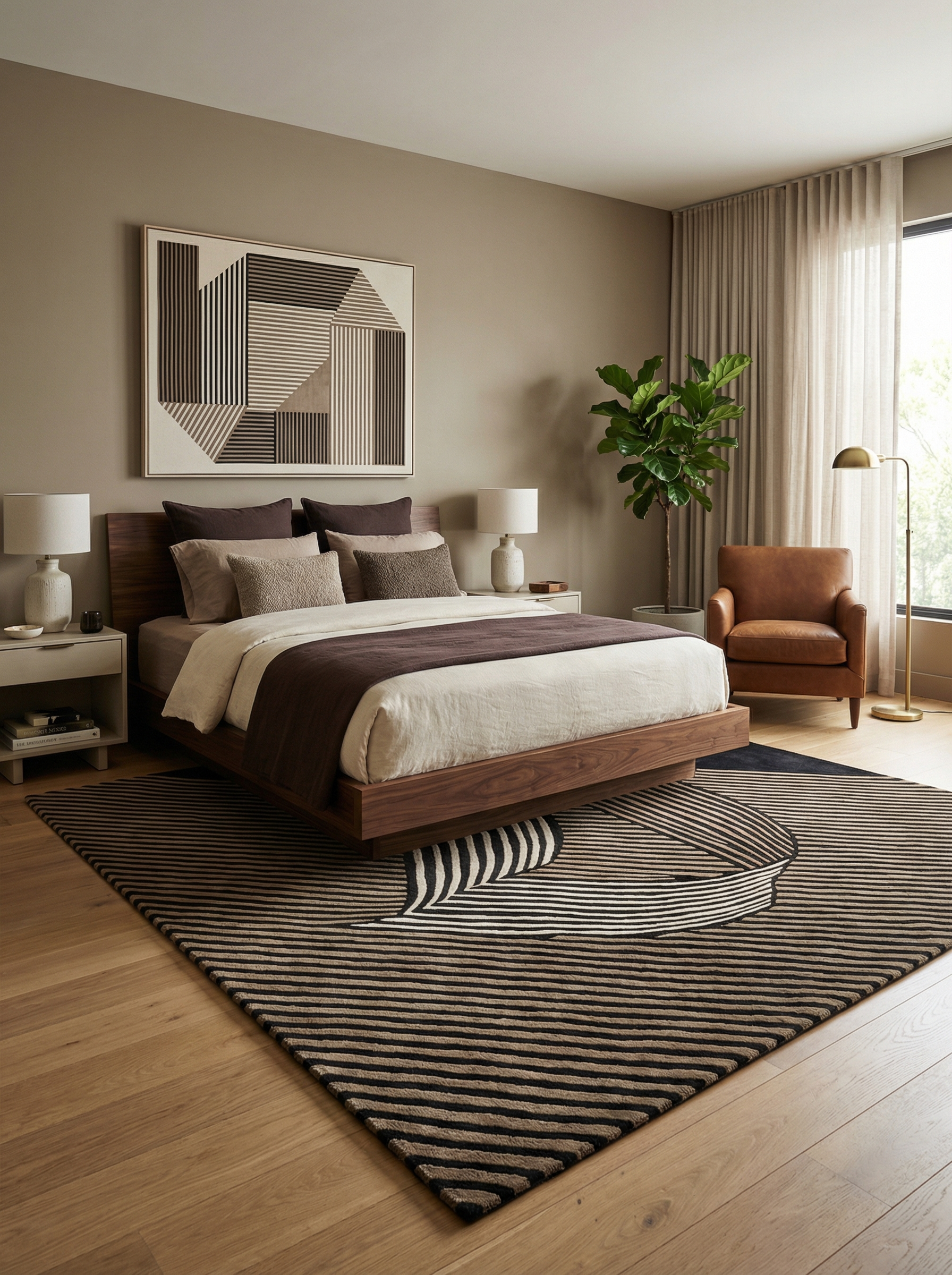 Tapis rectangulaire à rayures noires et beiges, harmonie avec la pièce. Ambiance chaleureuse, style contemporain