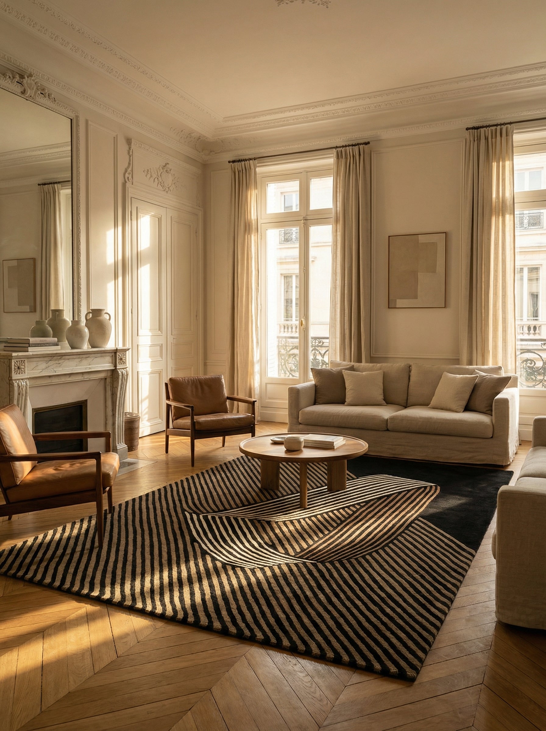 Tapis rectangulaire noir et beige dans un salon classique. Élégance et style. Ambiance chaleureuse