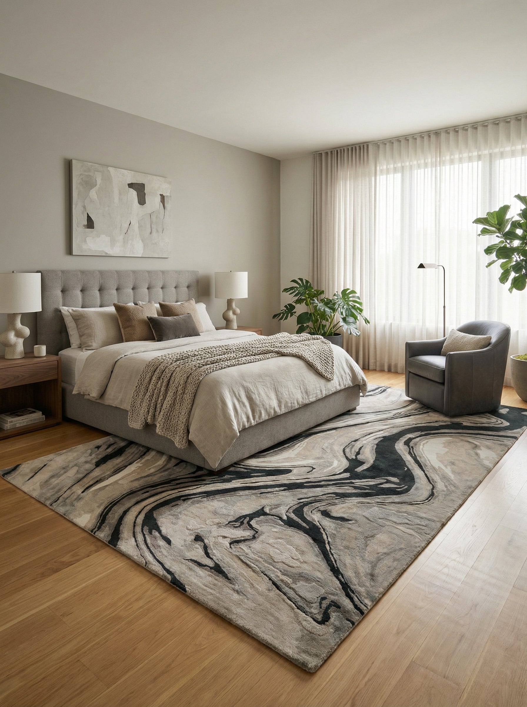 Tapis rectangulaire aux motifs tourbillonnants noir et ambre, harmonie avec la pièce, ambiance feutrée