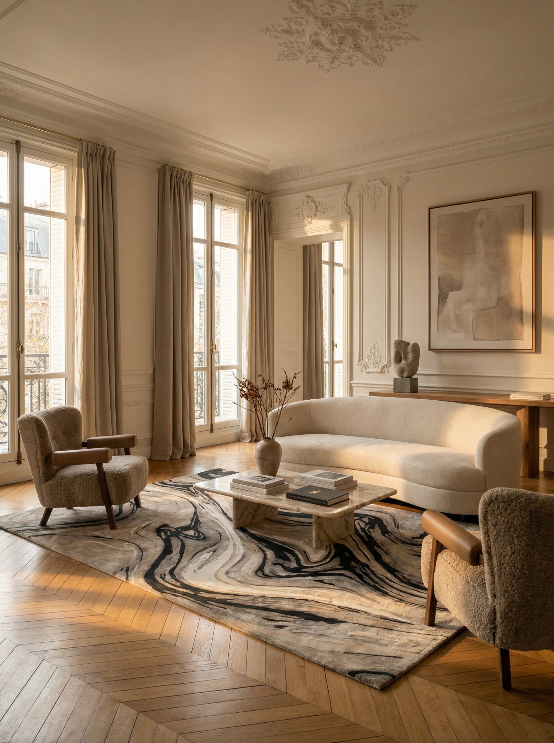Tapis rectangulaire noir et beige dans un salon classique, ambiance élégante