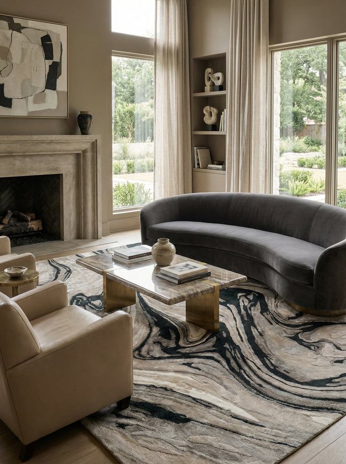 Black Marbled Wool & Viscose Rug - Vapore