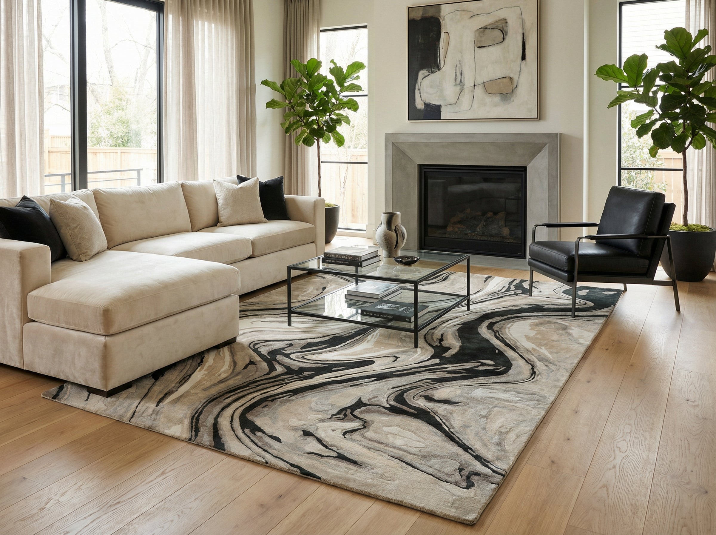 Tapis rectangulaire noir et beige dans un salon moderne. Ambiance chaleureuse et élégante