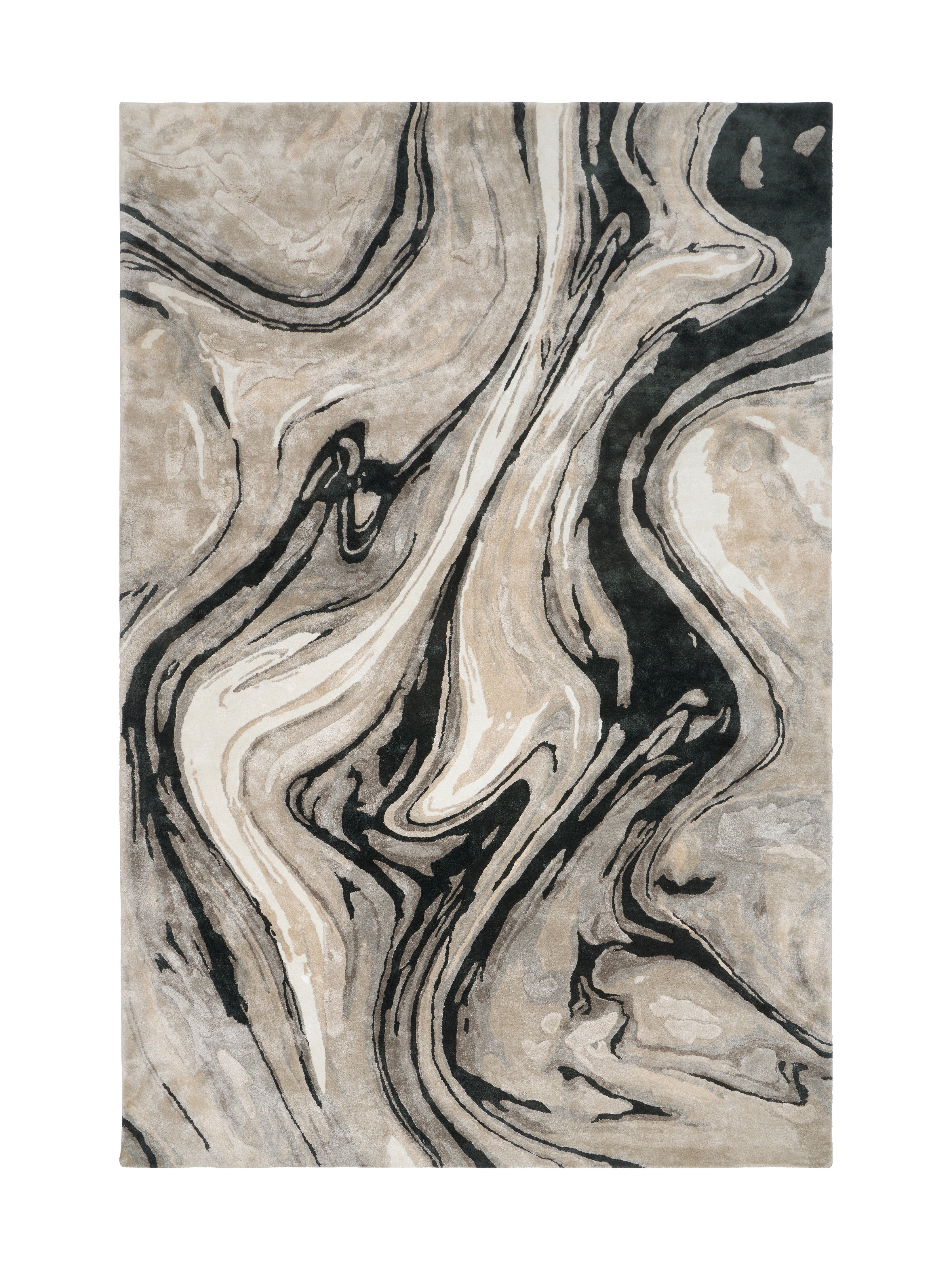 Tapis rectangulaire avec motif marbré abstrait. Couleurs principales: noir, beige et gris