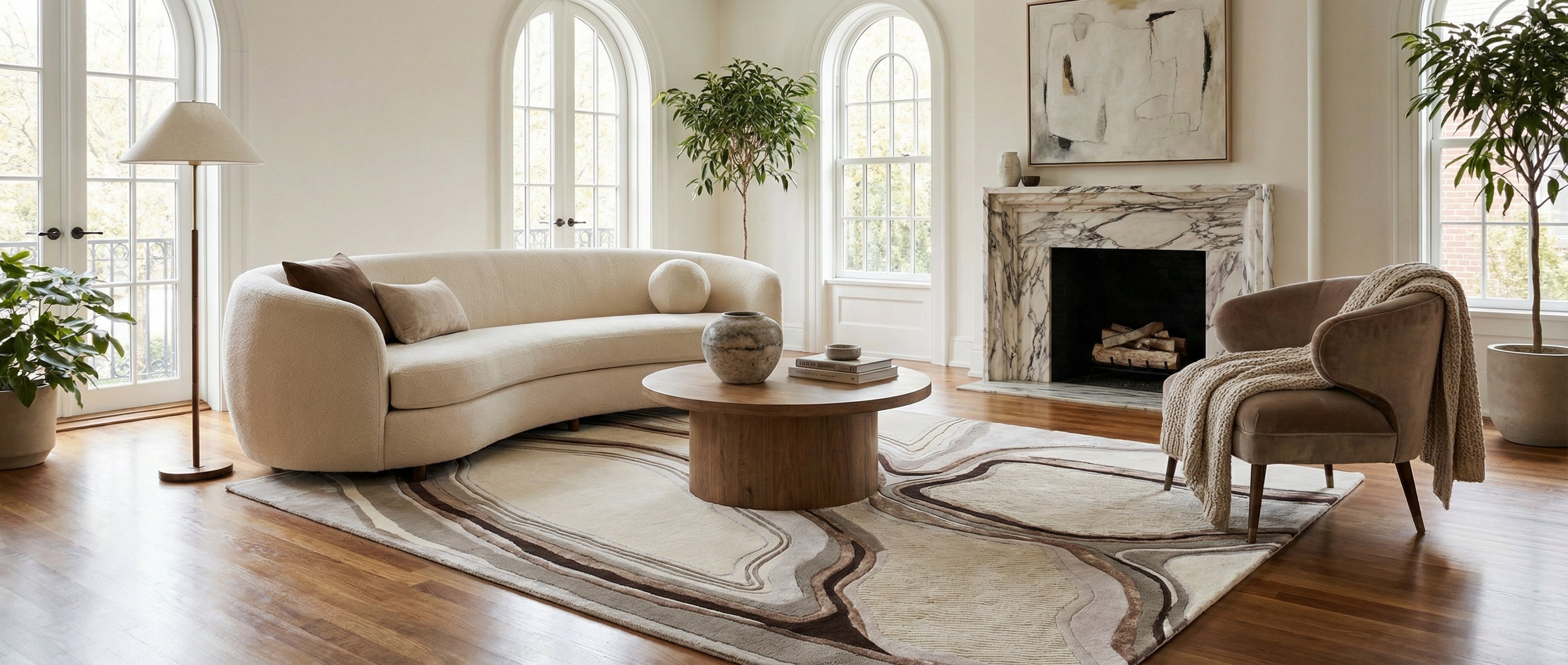 Le tapis rectangulaire beige et marron transforme la pièce. Il crée une harmonie chaleureuse et élégante