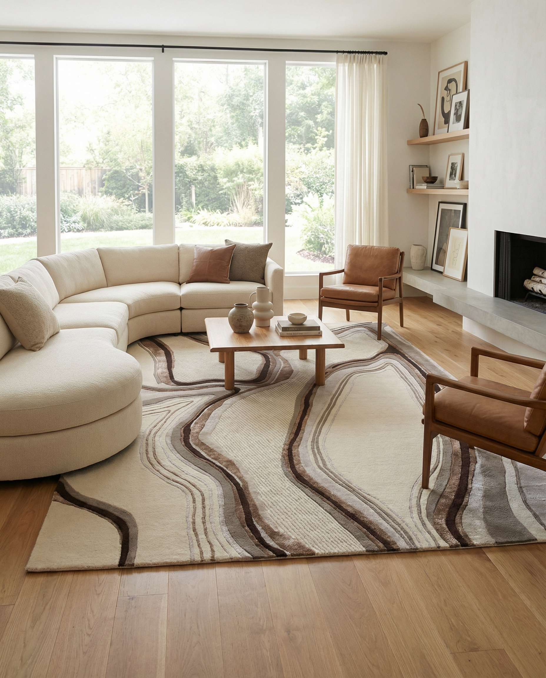 Tapis rectangulaire beige et marron crée une ambiance chaleureuse dans la pièce, avec un style moderne et épuré