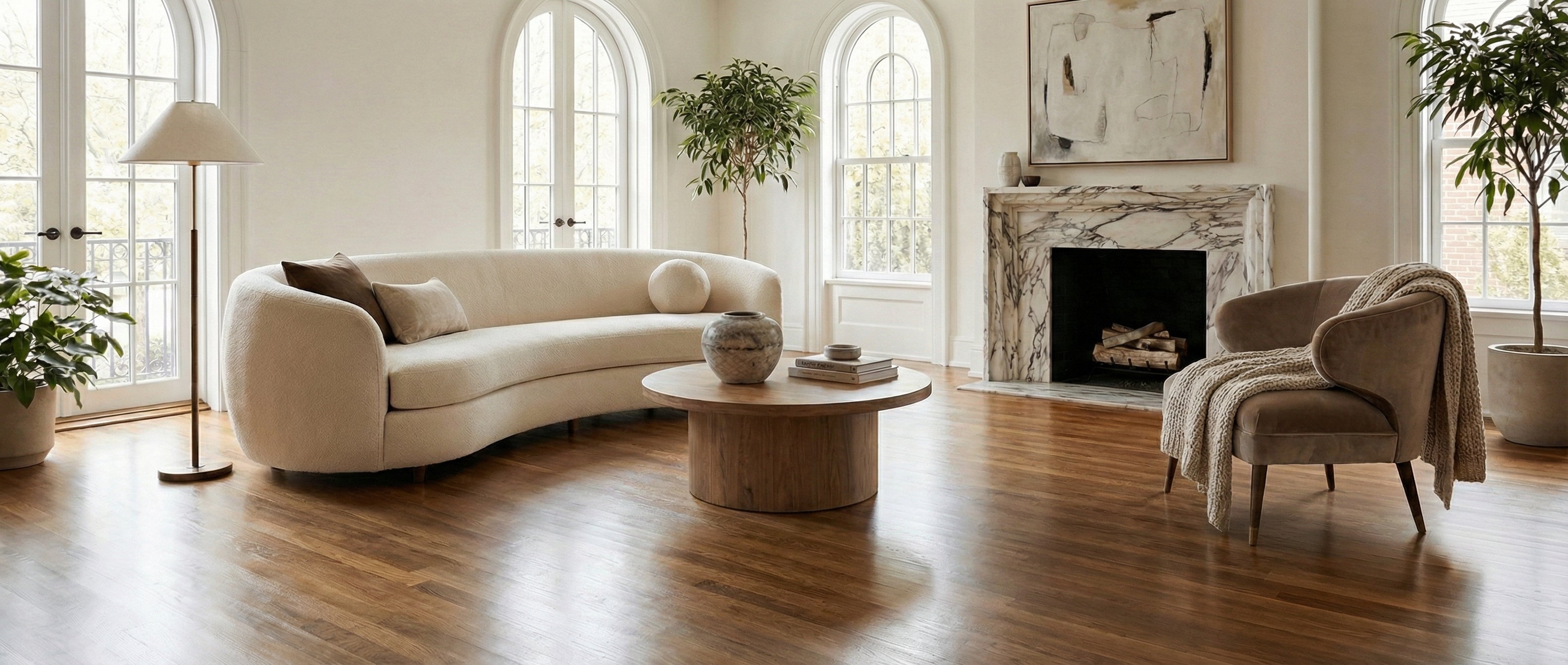 Pièce lumineuse avec parquet. Canapé incurvé et fauteuil. Espace vide pour un tapis rectangulaire. Ambiance chaleureuse,