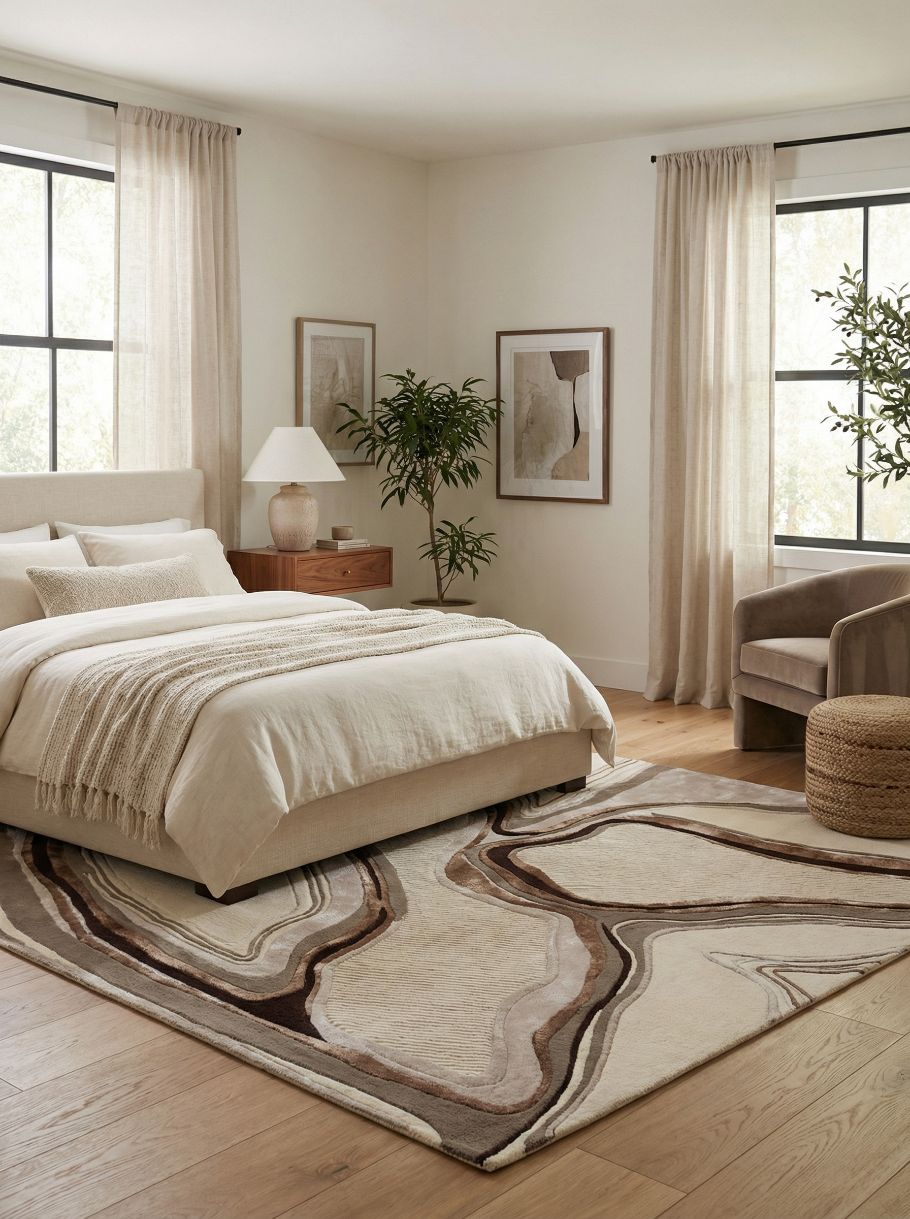 Tapis rectangulaire aux tons beiges et ambrés, harmonie avec la pièce. Ambiance chaleureuse dans cette chambre décorée