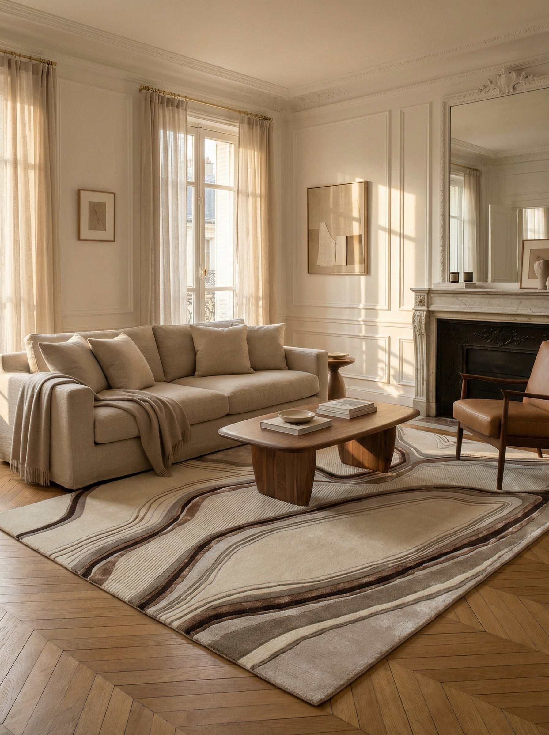 Tapis rectangulaire beige et marron, élégance dans un salon classique. Ambiance chaleureuse, style épuré