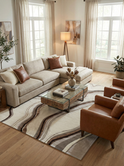 Tapis rectangulaire beige et marron. Design épuré, style contemporain pour un salon