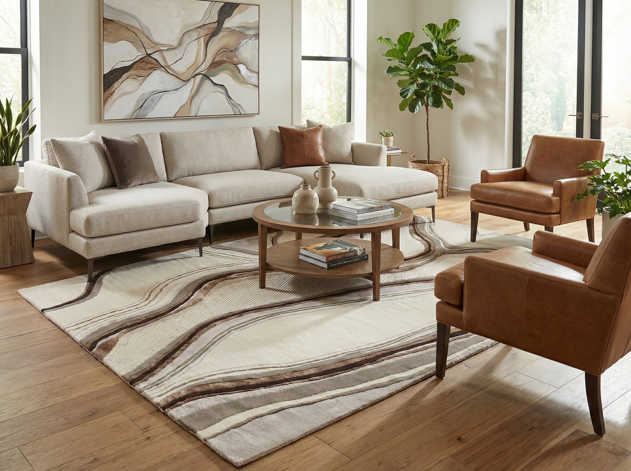 Tapis rectangulaire beige et marron dans un salon. Style déco épuré. Ambiance chaleureuse et lumineuse