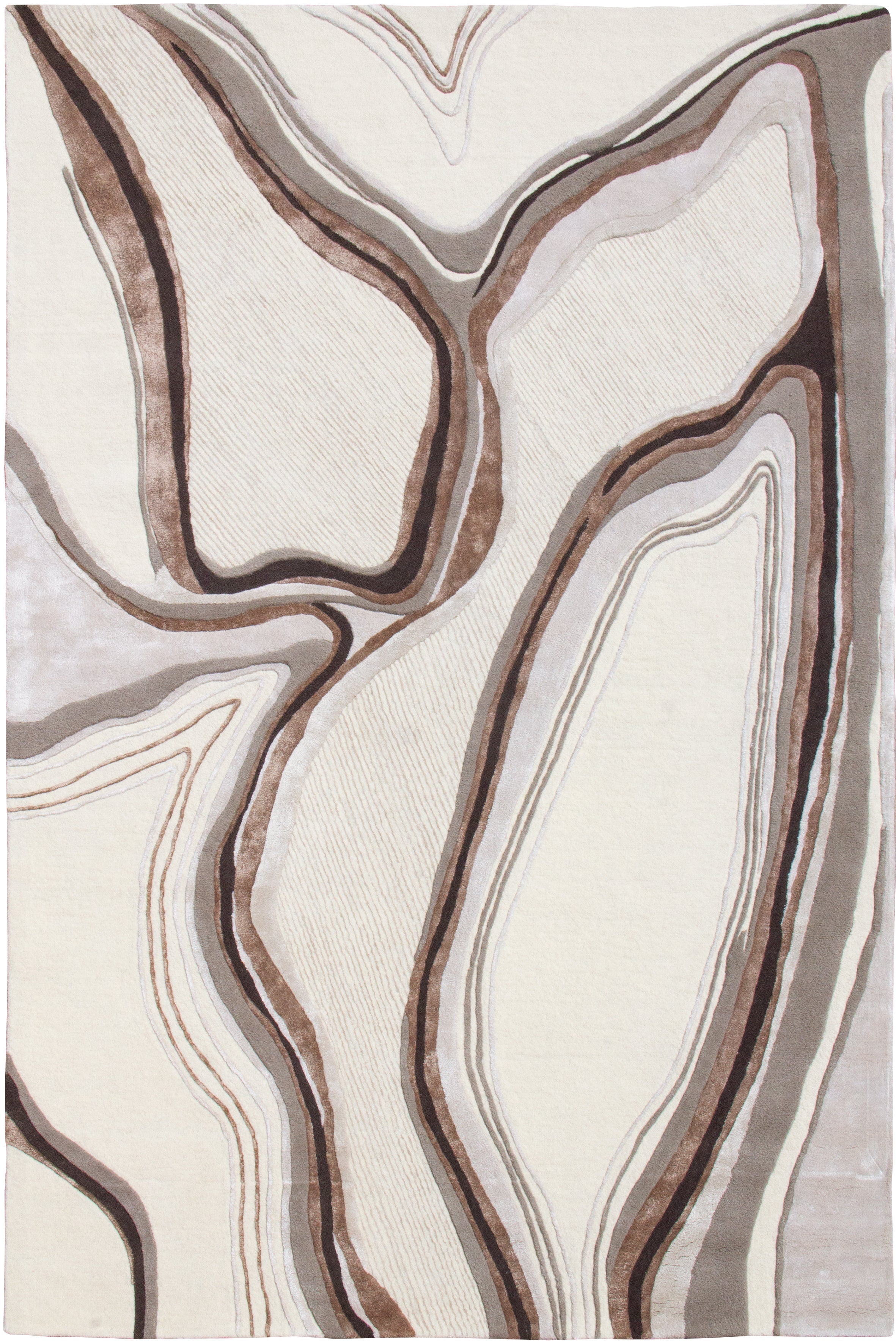 Tapis rectangulaire beige avec un motif de lignes marron et grises, style abstrait