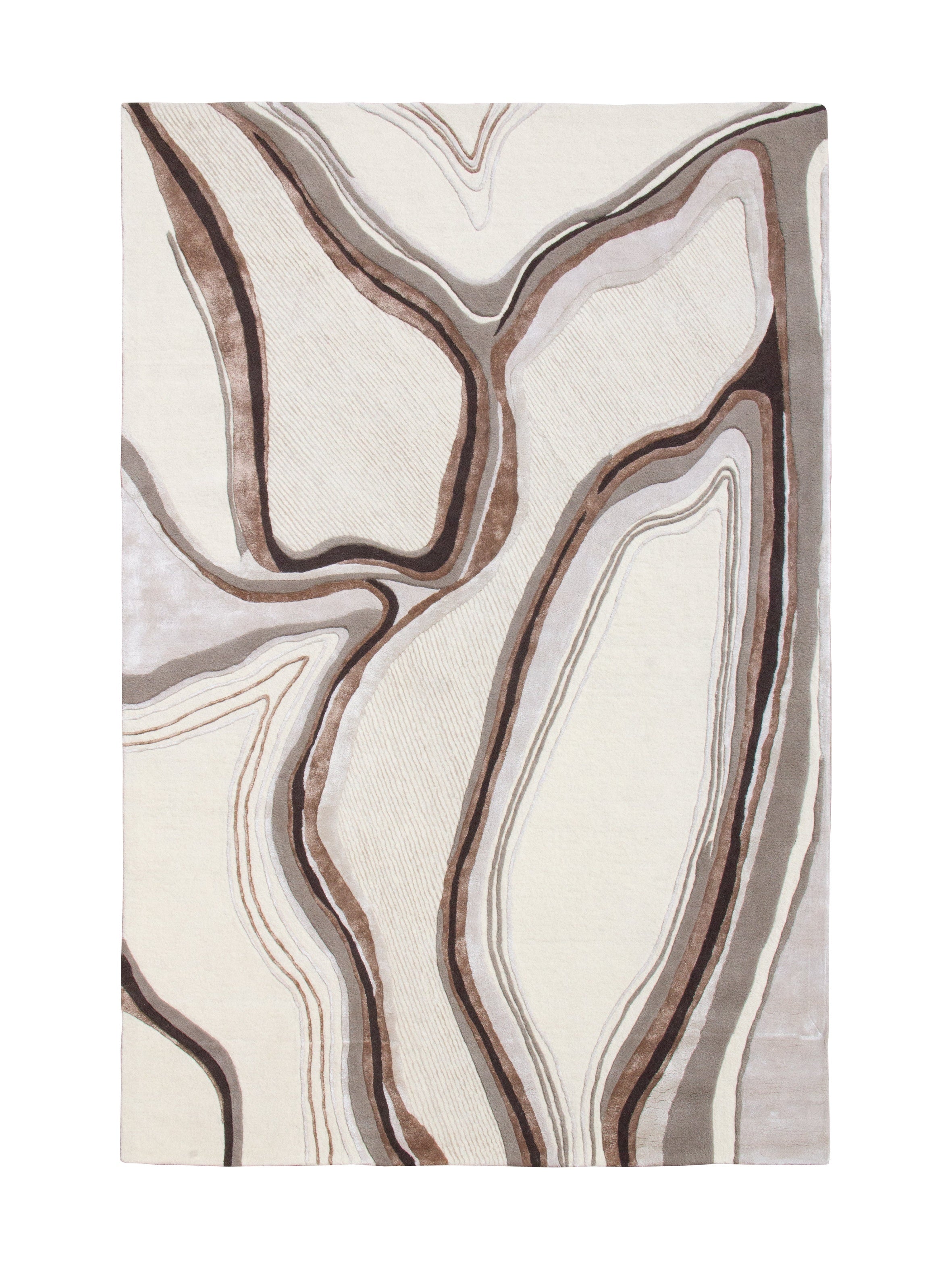 Tapis rectangulaire beige avec un motif de lignes marron et grises, style abstrait