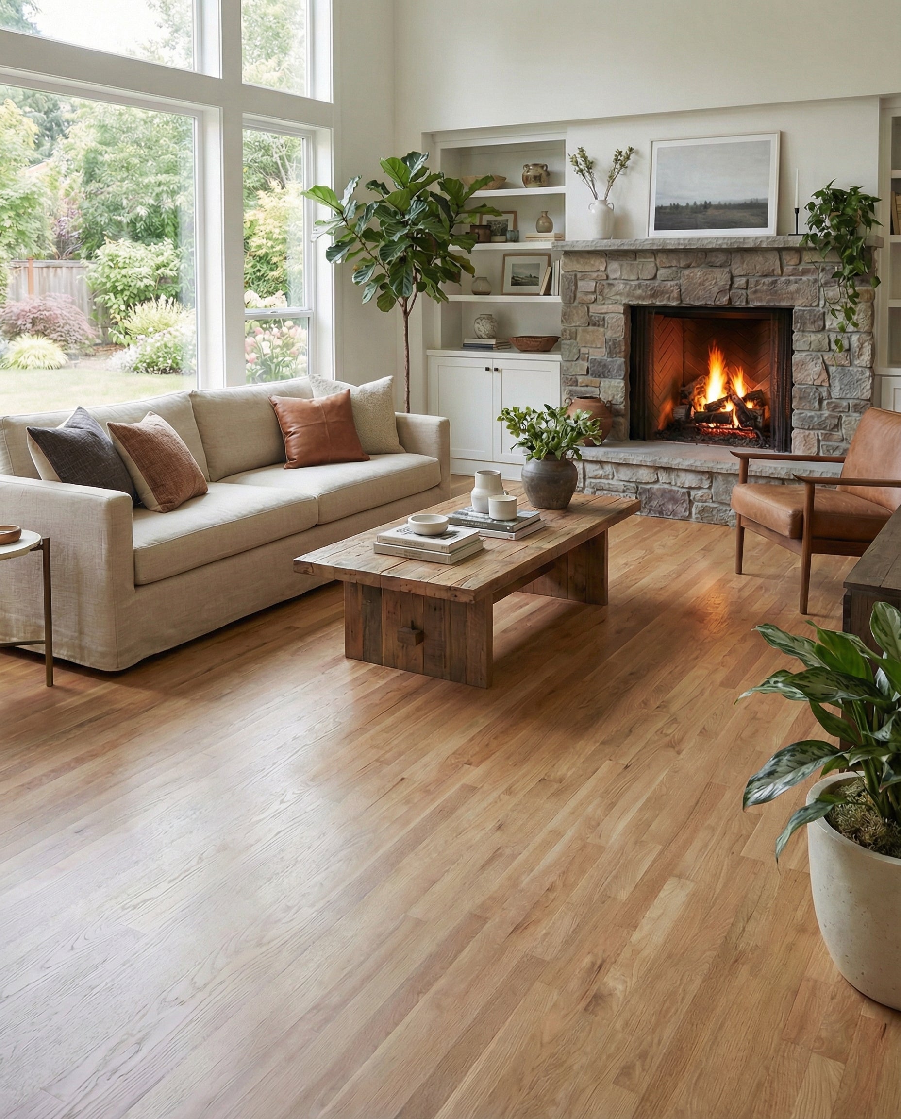 Pièce lumineuse avec plancher de bois clair, ambiance chaleureuse. Espace à transformer