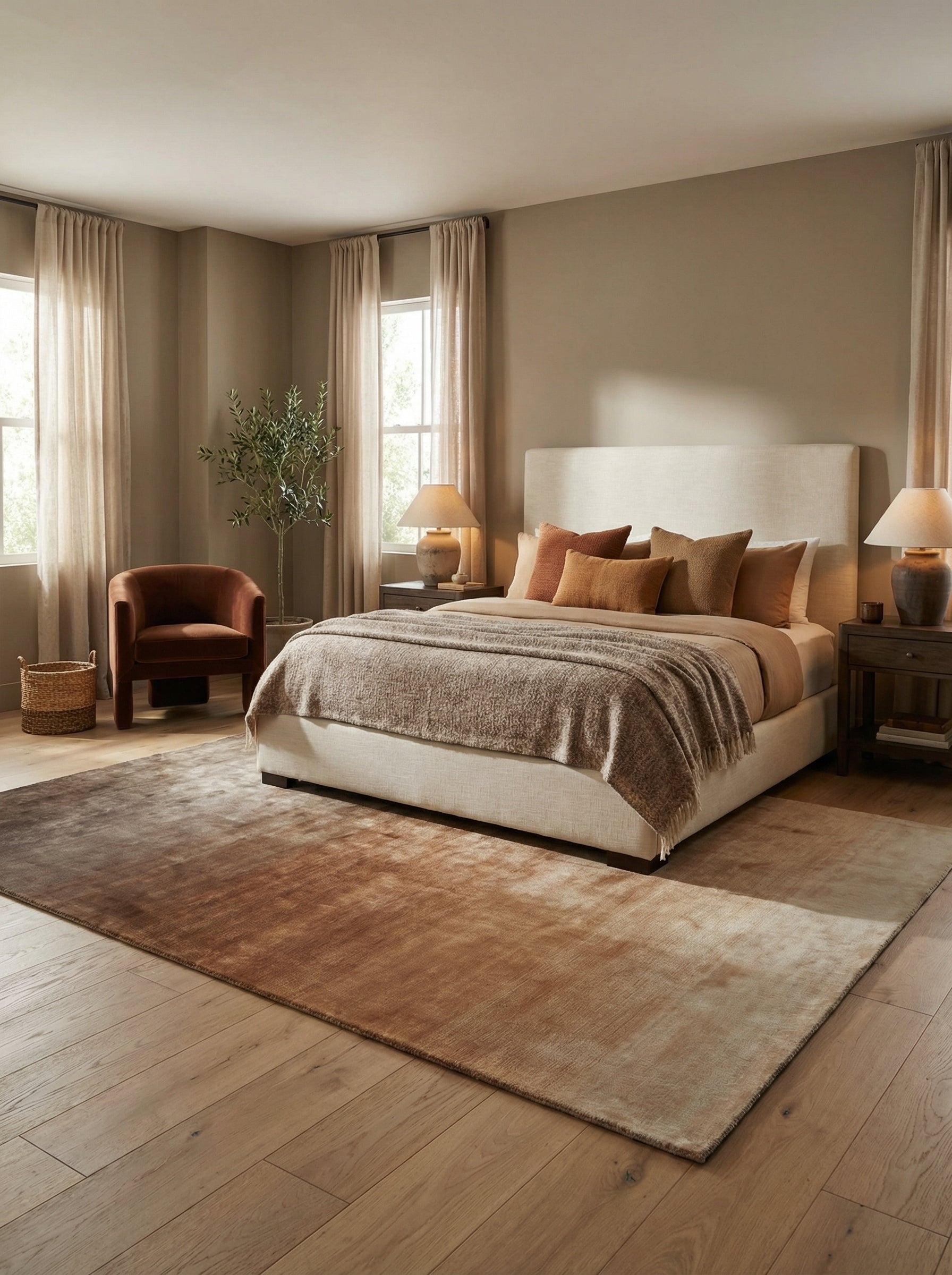 Tapis rectangulaire taupe et ambre dans une chambre harmonieuse. Ambiance chaleureuse, style épuré