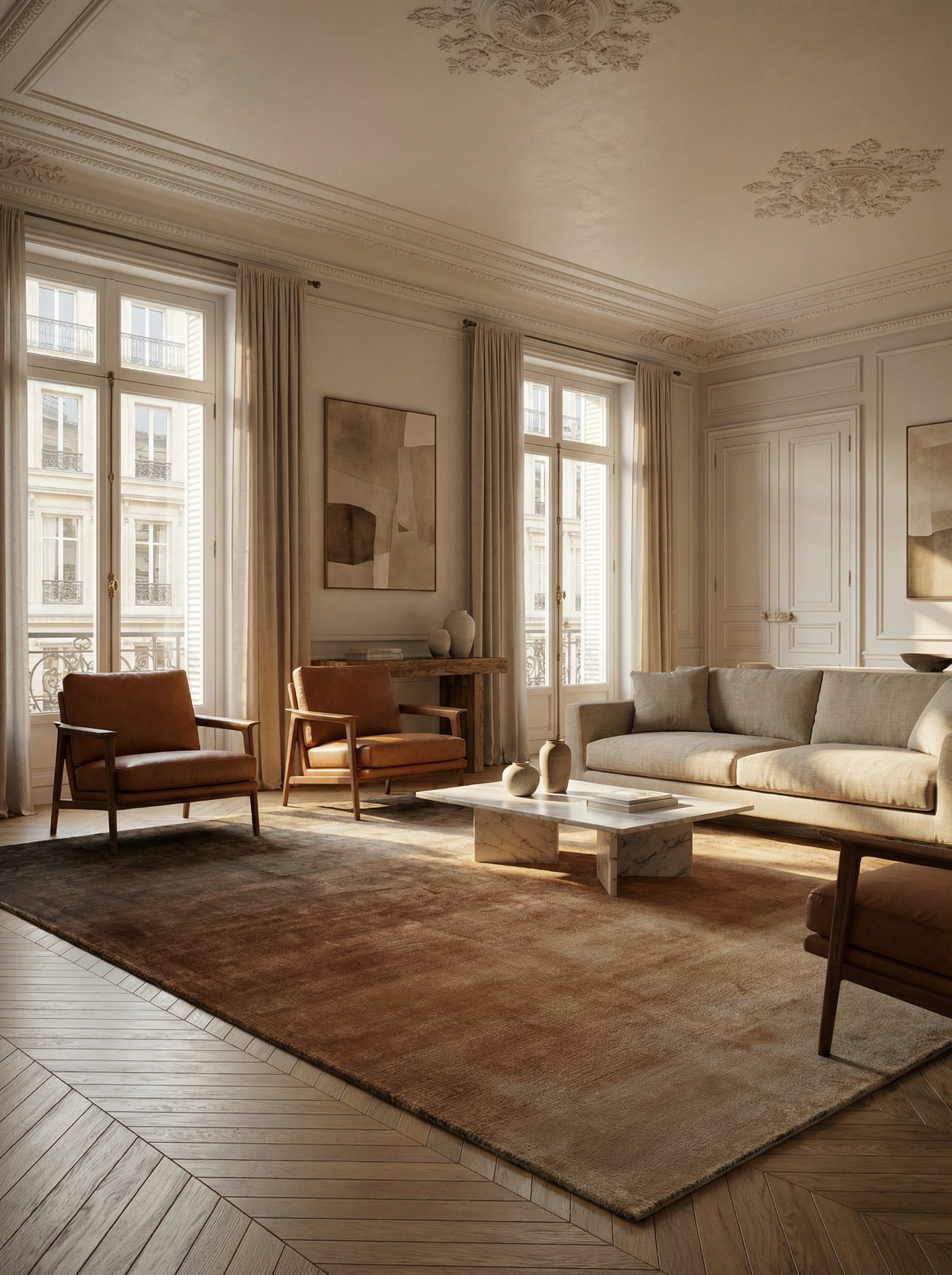 Tapis rectangulaire taupe, pièce classique. Éléments d'élégance et de style dans un intérieur haussmannien