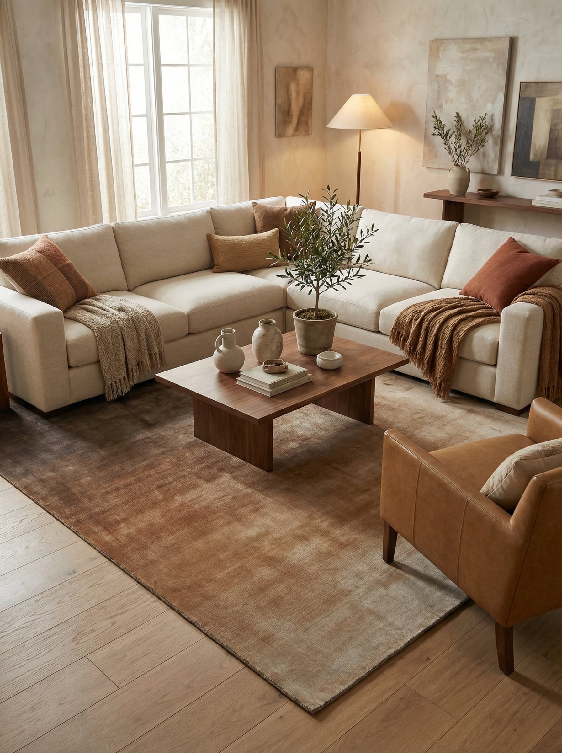 Tapis rectangulaire taupe, design épuré. Ambiance chaleureuse dans ce salon au style contemporain