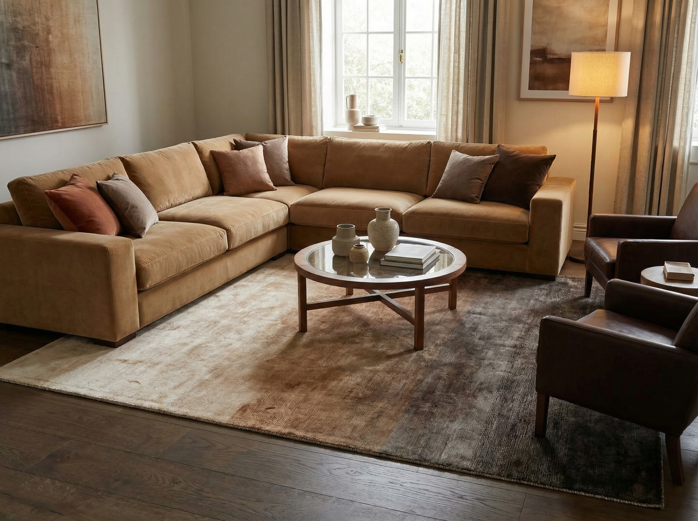 Tapis rectangulaire taupe dans un salon. Ambiance chaleureuse et déco épurée