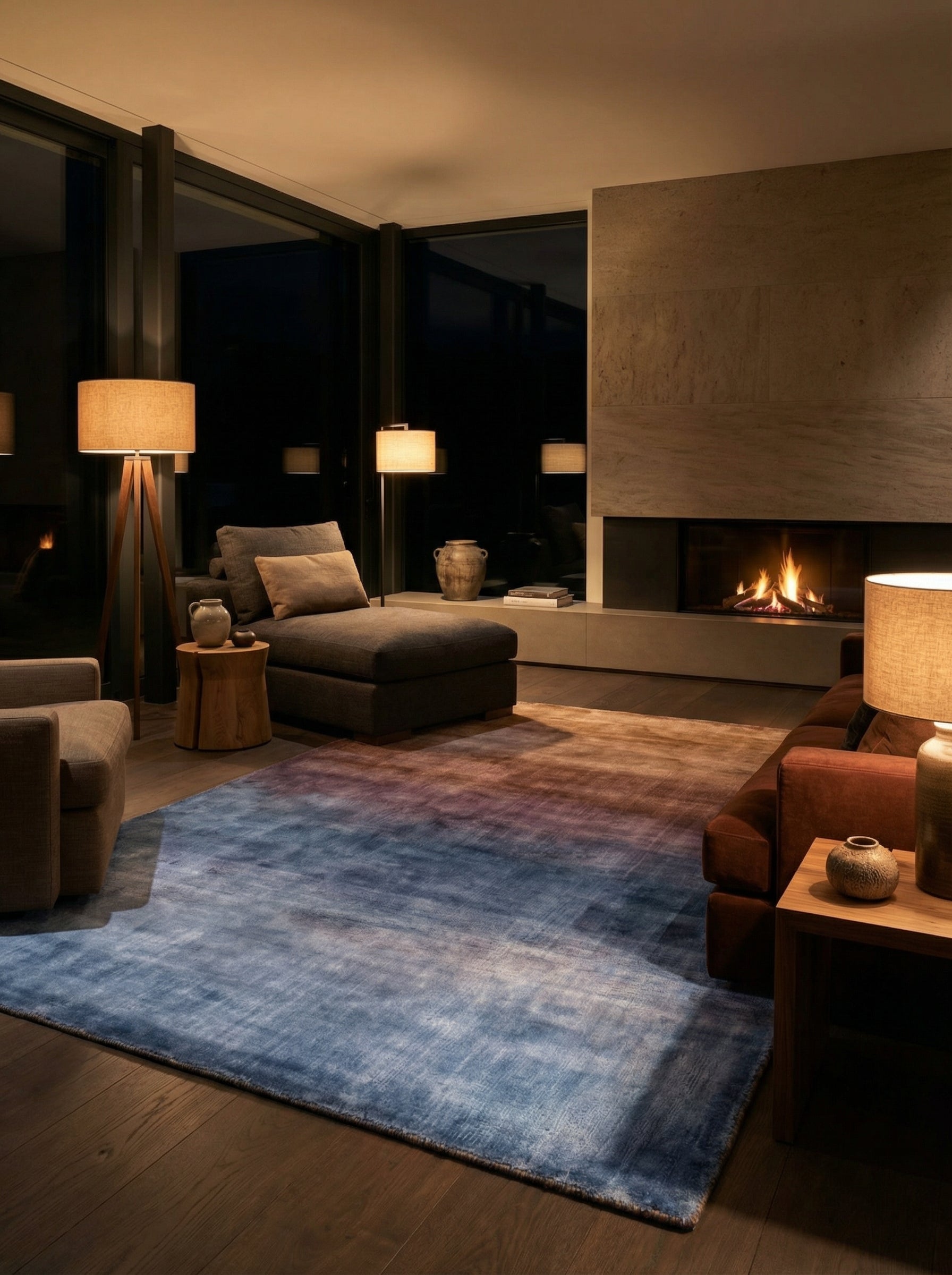 Tapis rectangulaire aux couleurs terracotta et bleu, éclairage chaleureux. Ambiance cosy dans la pièce