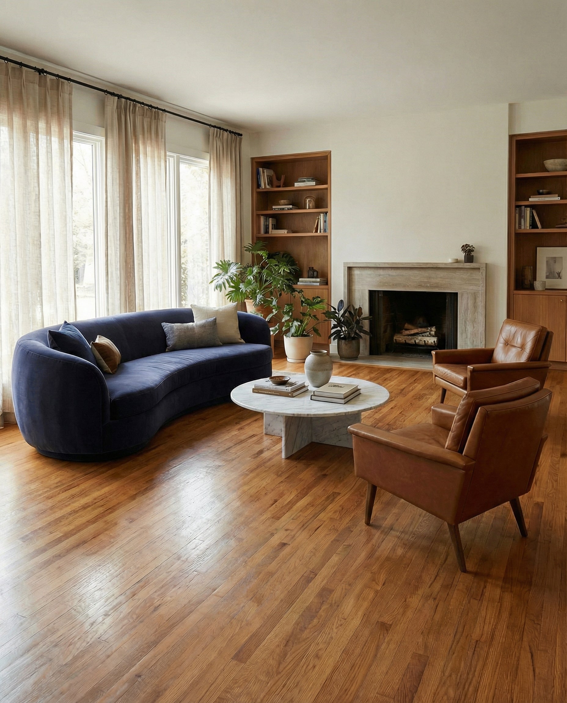 Pièce avec parquet, canapé bleu incurvé, fauteuils en cuir, table ronde, cheminée, étagères en bois, ambiance chaleureuse